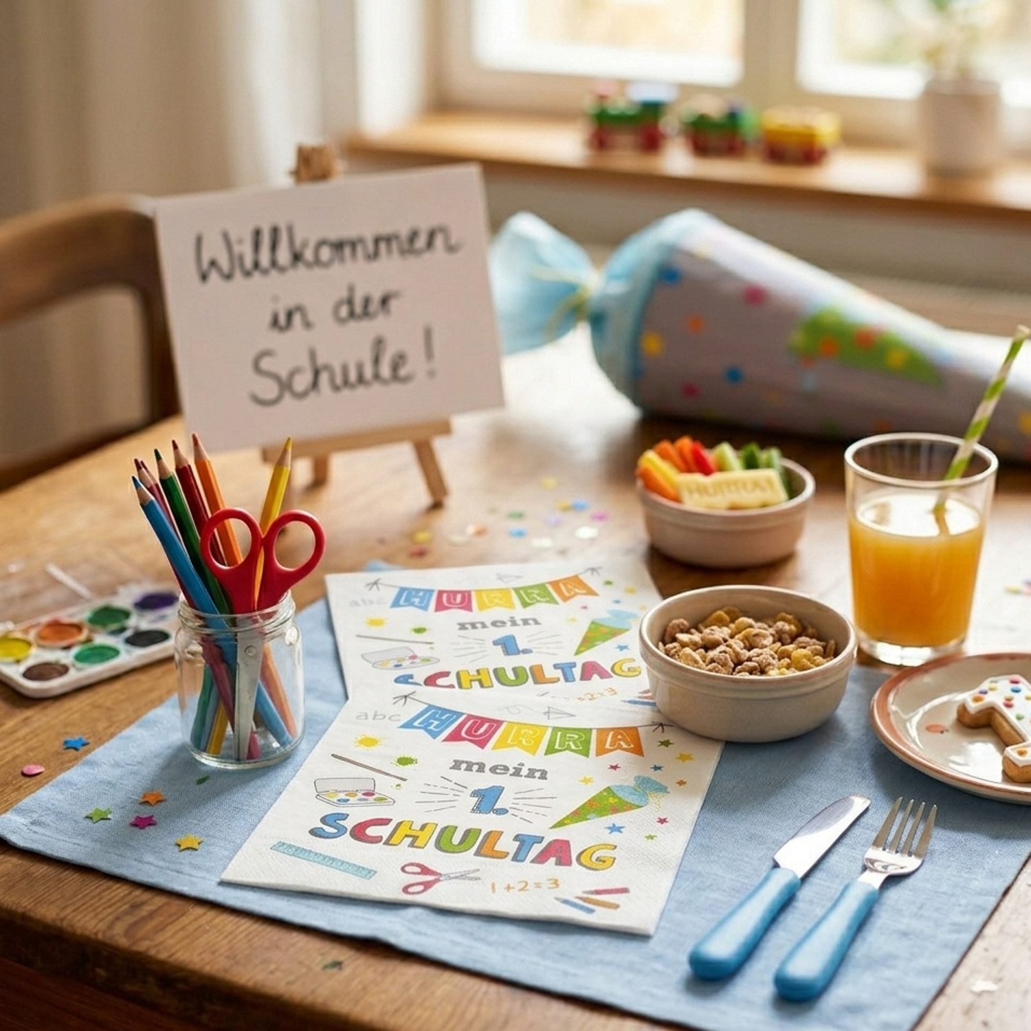Macosa Home Papierserviette 40 Stk. Servietten Einschulung Hurra mein 1 Schultag 33 cm Papier, (Einschulungsfeier Kinder Schultüte Motiv, 40 St., Schulanfang De – Bild 2 von 3