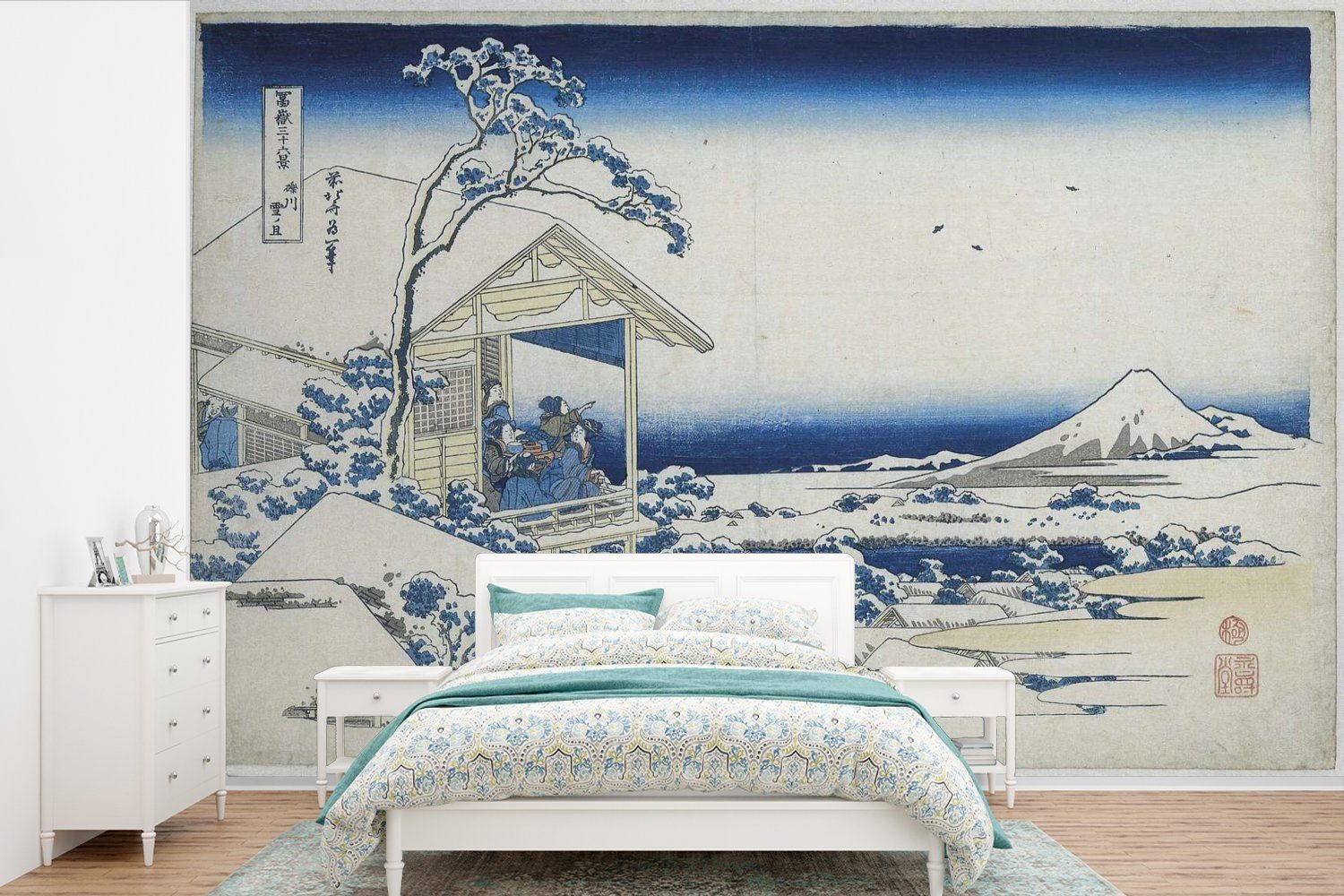 MuchoWow Fototapete Verschneiter Morgen in Koishikawa - Gemälde von Katsushika Hokusai, Matt, bedruckt, (6 St), Wallpaper für Wohnzimmer, Schlafzimmer, Kinderzimmer, Vinyl Tapete