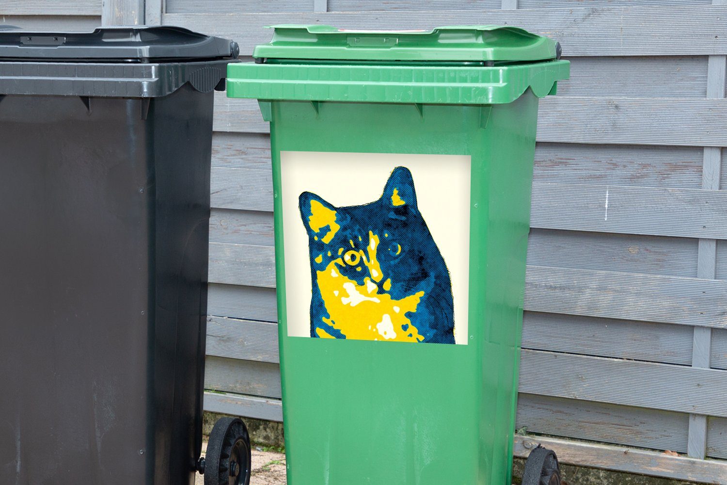 Das Katze Mülleimer-aufkleber, Sticker, Porträt Pop-Art-Stil Container, einer MuchoWow (1 Abfalbehälter Mülltonne, St), im Wandsticker