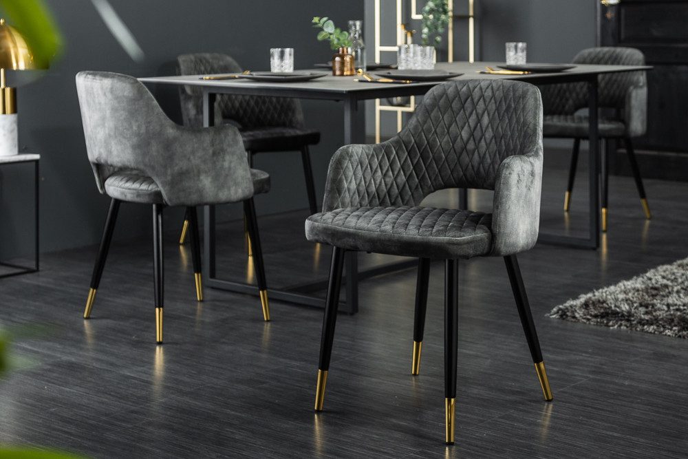 riess-ambiente 4-Fußstuhl PARIS grün/schwarz/gold – Samt, Metall-Füße, Armlehne & Ziersteppung (Einzelartikel, 1 St), gepolsterter Esszimmerstuhl im edlen Look – ideal für Esstisch & Küche