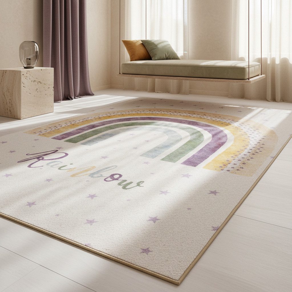 KADIMA DESIGN Kinderteppich TRAUN Spielteppich Kinderzimmer Waschbar Webteppich Rutschfest, Läufer, Höhe: 10 mm, 80x120 cm, Strapazierfähig Fußbodenheizung Regenbogen Waschbar