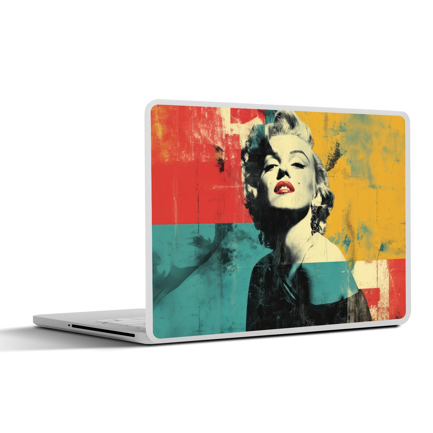 MuchoWow Laptop-Aufkleber Frau - Rote Lippen - Abstrakte Farbfelder - Pop-Art-Stil, (1tlg), Laptop Folien Cover, Aufkleber, Sticker, Schutz vor Kratzern, 25x18 cm