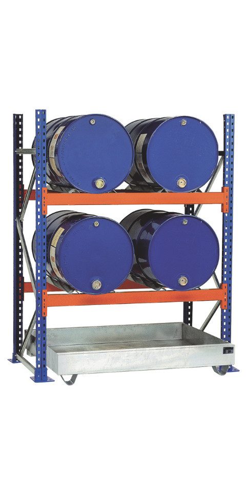 SCHULTE Lagertechnik Schwerlastregal Grundregal, Fassregal, 2000 x 1350 x 800 mm, 2 Ebenen für je 2 Fässer 200 l liegend; 1 Bodenwanne bis 215 l