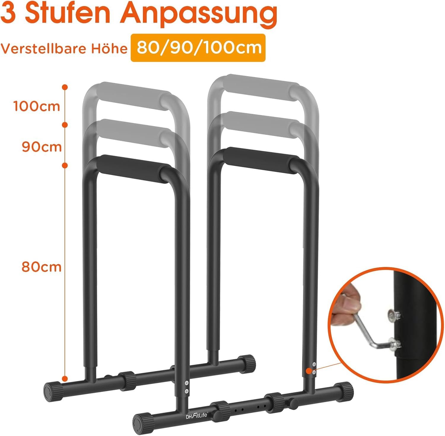 DH FitLife Liegestützgriffe Dip Barren Bars (Dip Station, Max. Belastung 500 KG, Kraftstation Fitnessgerät für Zuhause, Parallettes Calisthenics Training Equipment), Krafttraining 80-100 cm individuell verstellbar