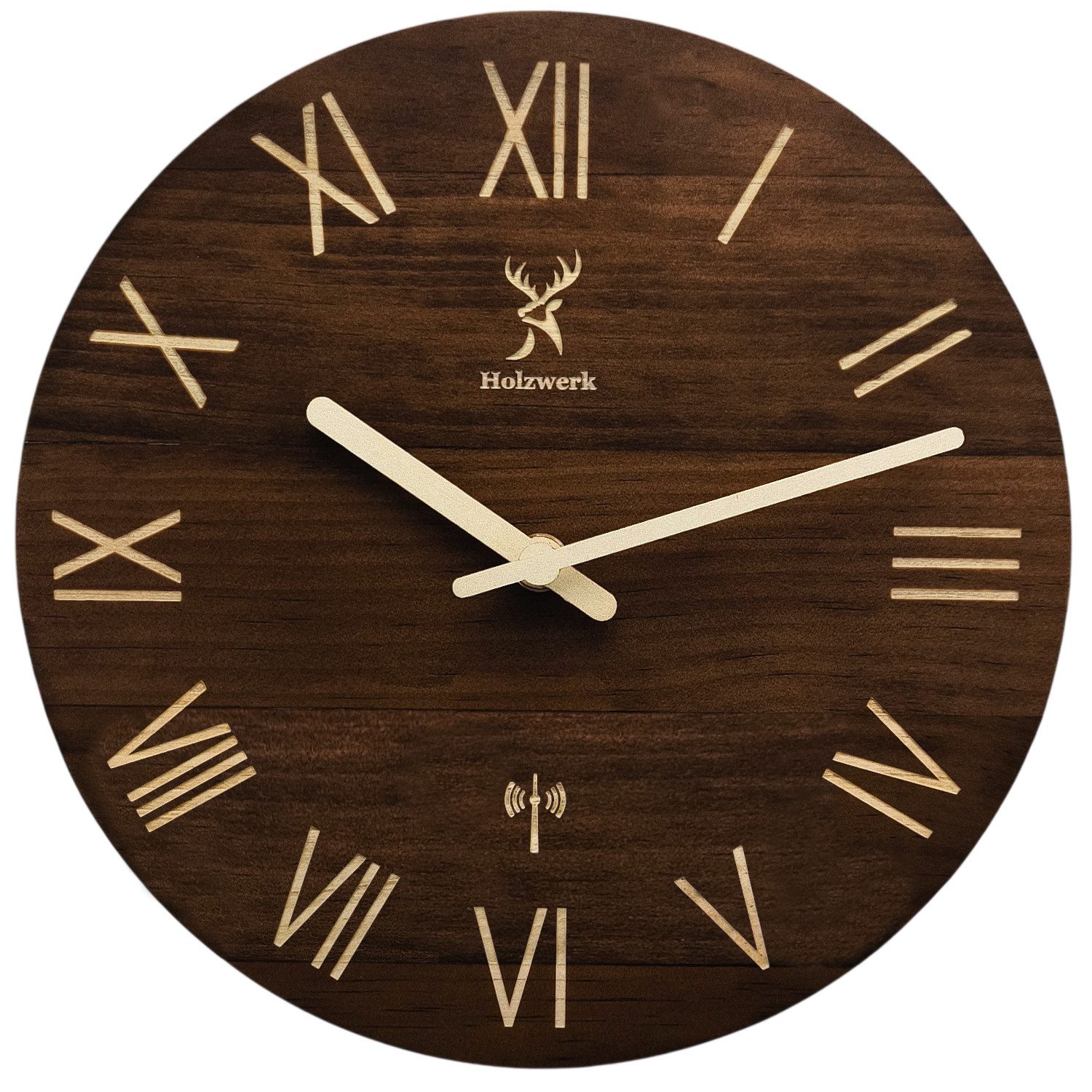 Holzwerk Funkwanduhr moderne Designer Loft Funk Holz Wand Uhr (Nahezu lautloses Uhrwerk, analog, 25 cm)