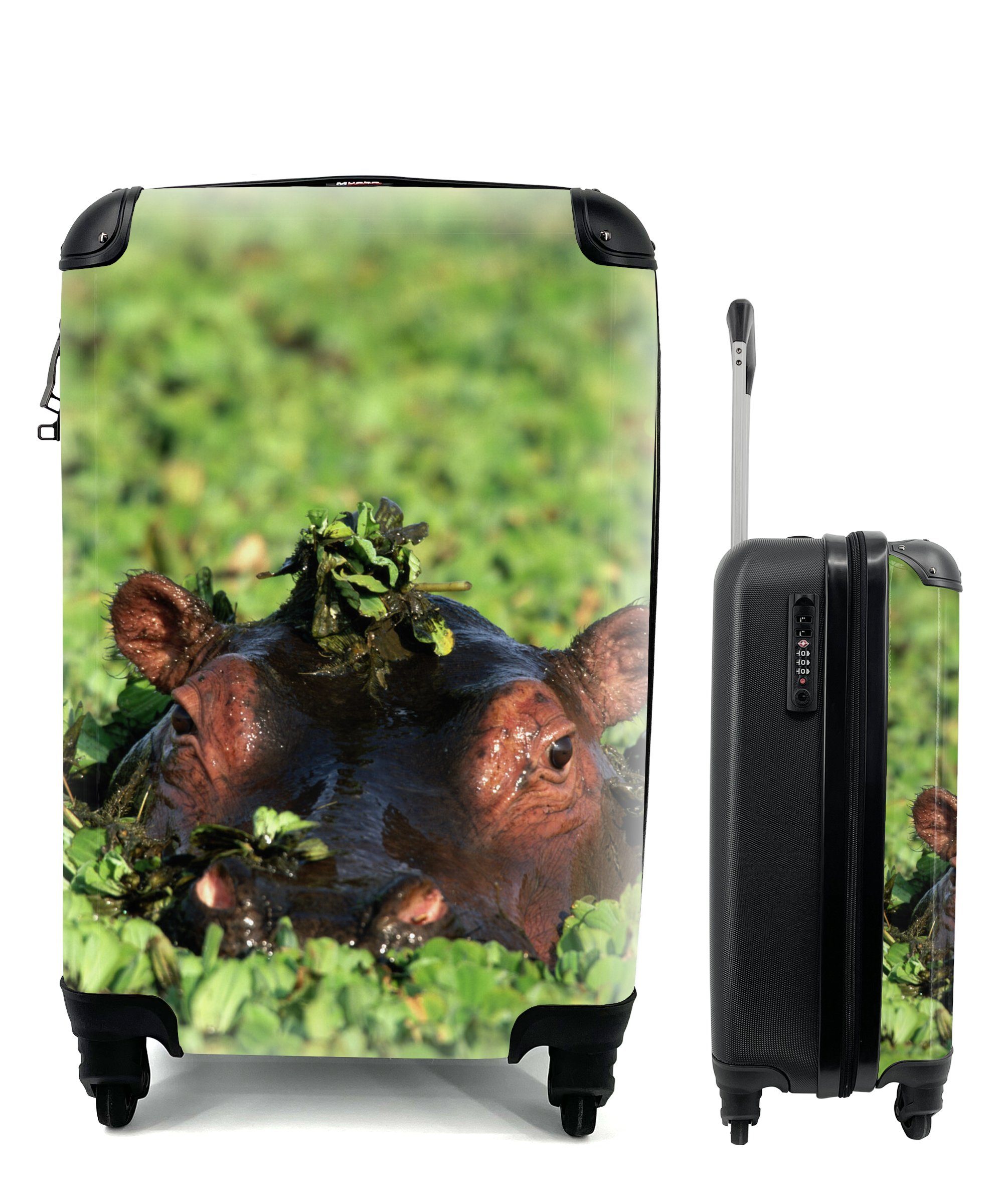 MuchoWow Handgepäckkoffer Nilpferd - Wasser - Pflanzen, 4 Rollen, Reisetasche mit rollen, Handgepäck für Ferien, Trolley, Reisekoffer