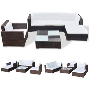 vidaXL Gartenlounge-Set 6-tlg. Garten-Lounge-Set mit Auflagen Poly Rattan Braun, (6-tlg)