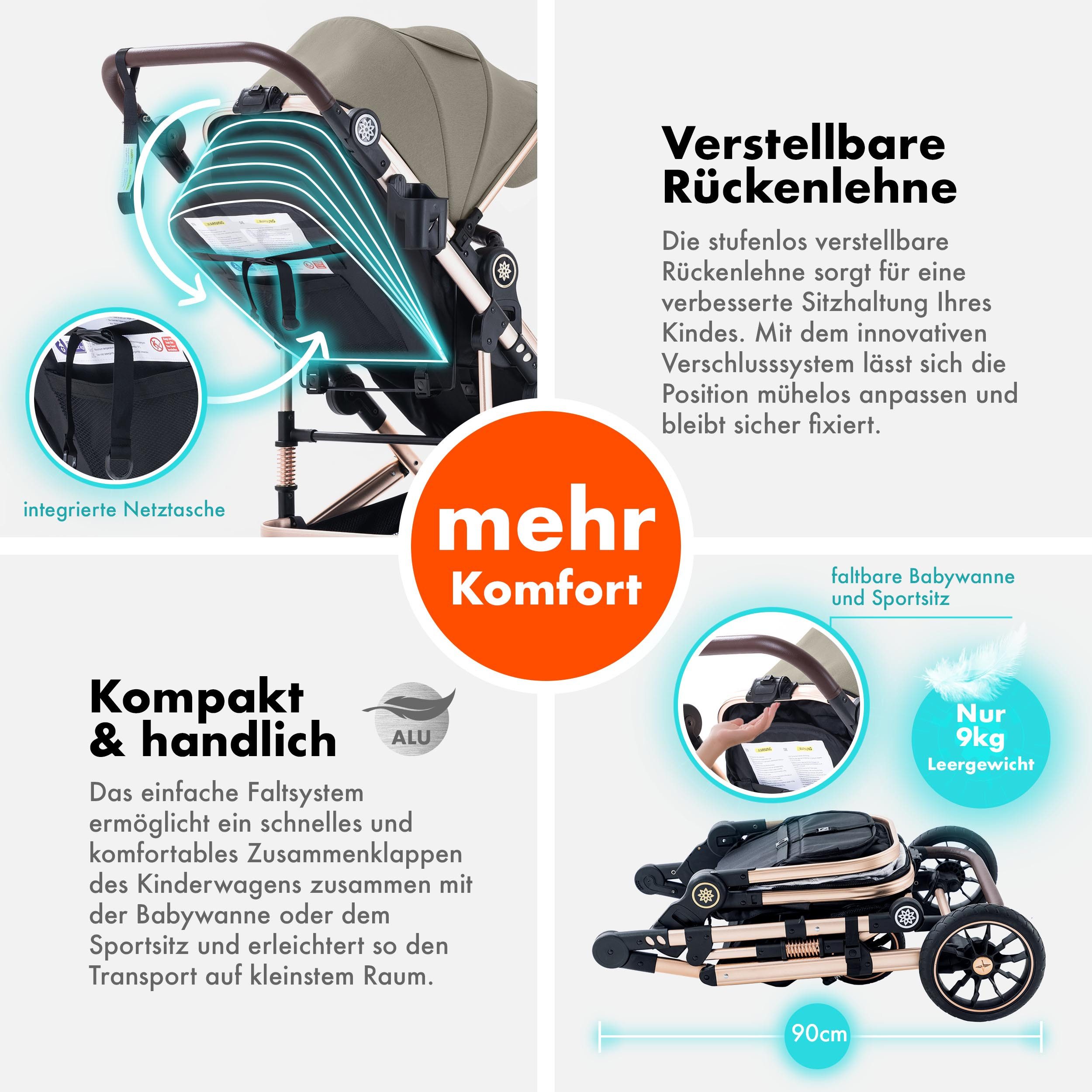 Daliya® Kombi-Kinderwagen NEOMOVE 3in1 Kinderwagen mit i-Size Babyschale & Buggy, (Reise-Set, 10-tlg), Kinderwagen mit i-Size Babyschale, Alu-Rahmen, Großer Einkaufskorb