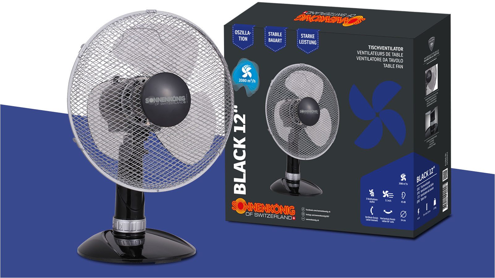 Sonnenkönig Tischventilator Black 12, Leistung 40W, schwenkbar, laufruhig, modernes Design, 3 Ventilationsstufen, hohe Effizienz, 3 Ventilationsblätter