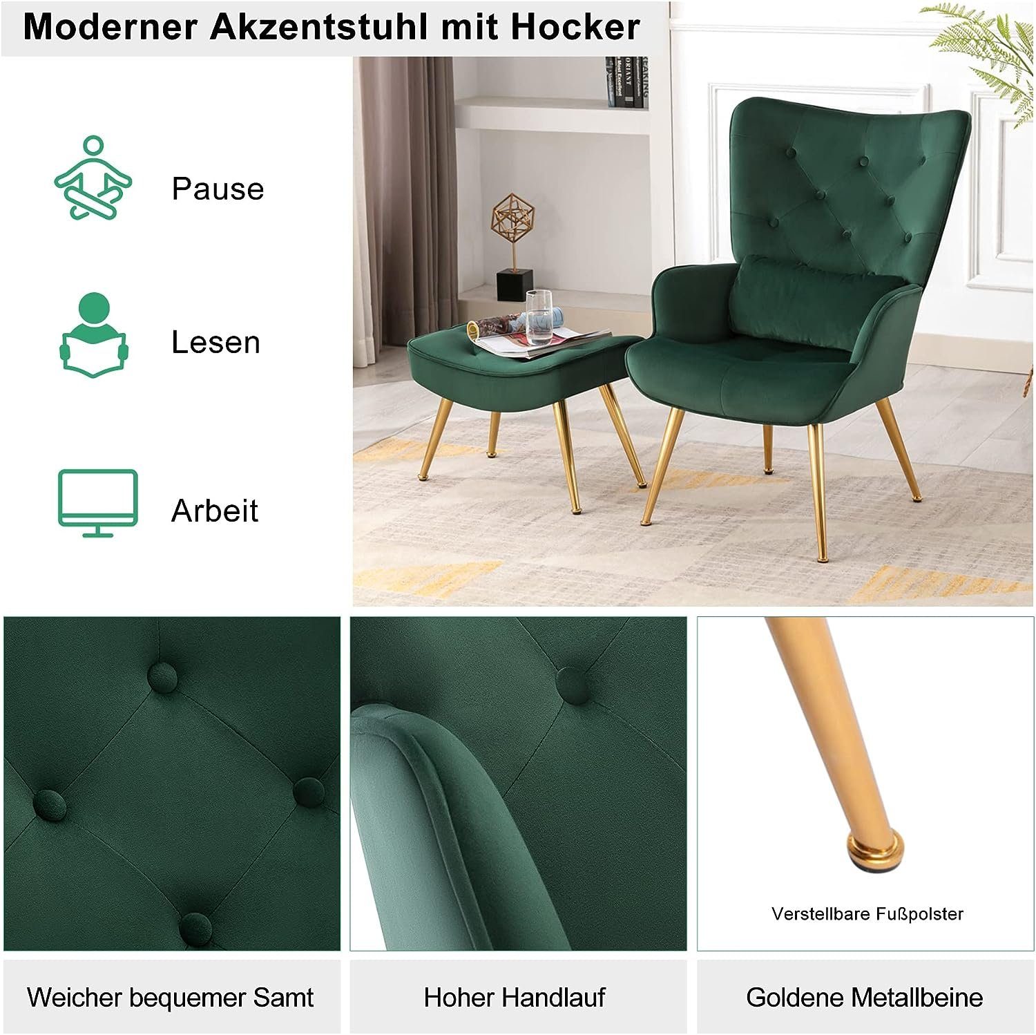 mit mittelalterlicher Grün Wohnzimmer Sessel Ohrensessel Lounge HomeMiYN Relaxsessel Hocker