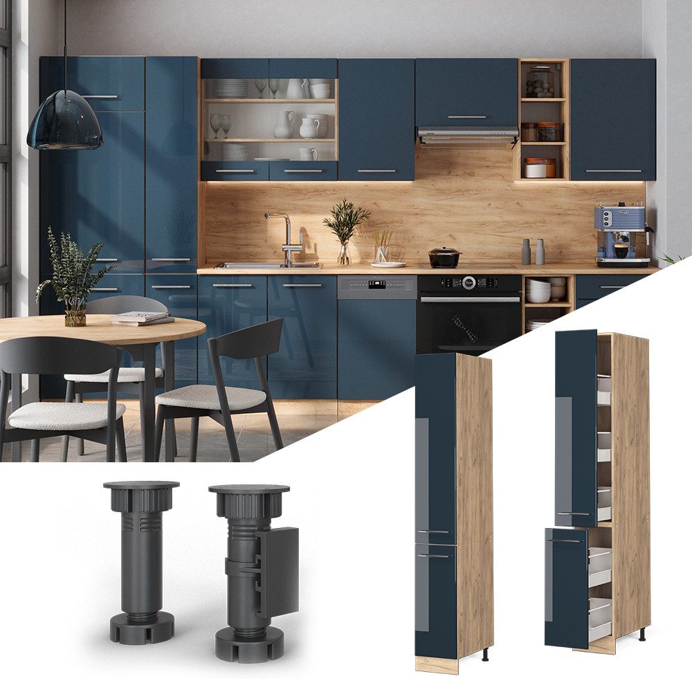 Vicco Hochschrank Fame-Line, Dunkelblau Hochglanz/Goldkraft Eiche, günstig online kaufen