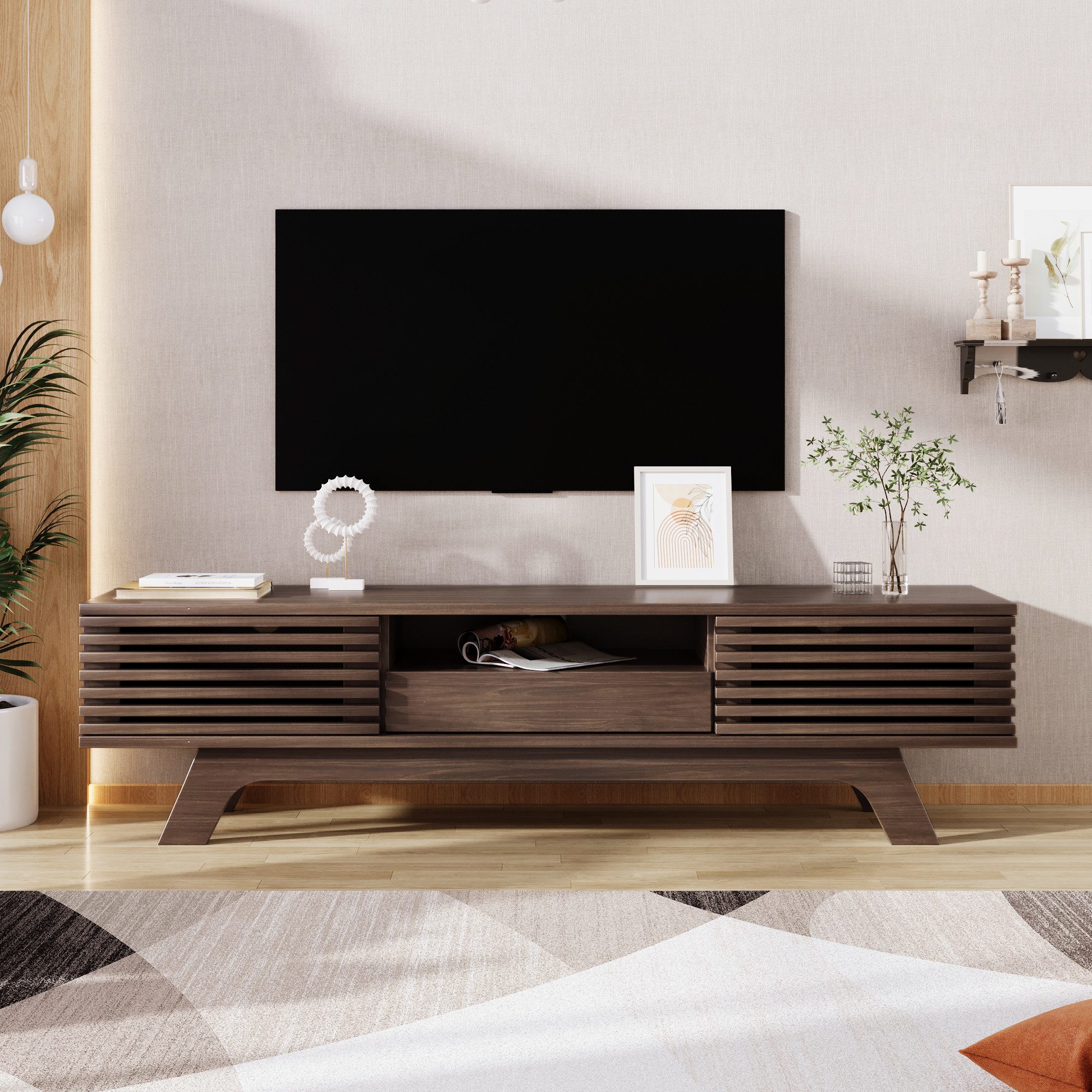 BlingBin TV-Schrank Lowboard mit Schubladen und Türen, Fernsehschrank für Wohnzimmer (TV-Schrank mit 1 Schublade und 2 Türen, 1-St., Gesamtabmessungen: 150*35*44cm, Produktladung: 50KG) Einzigartiges Design, Kabelmanagement, Spanplatte, Vintage-Holzfarbe