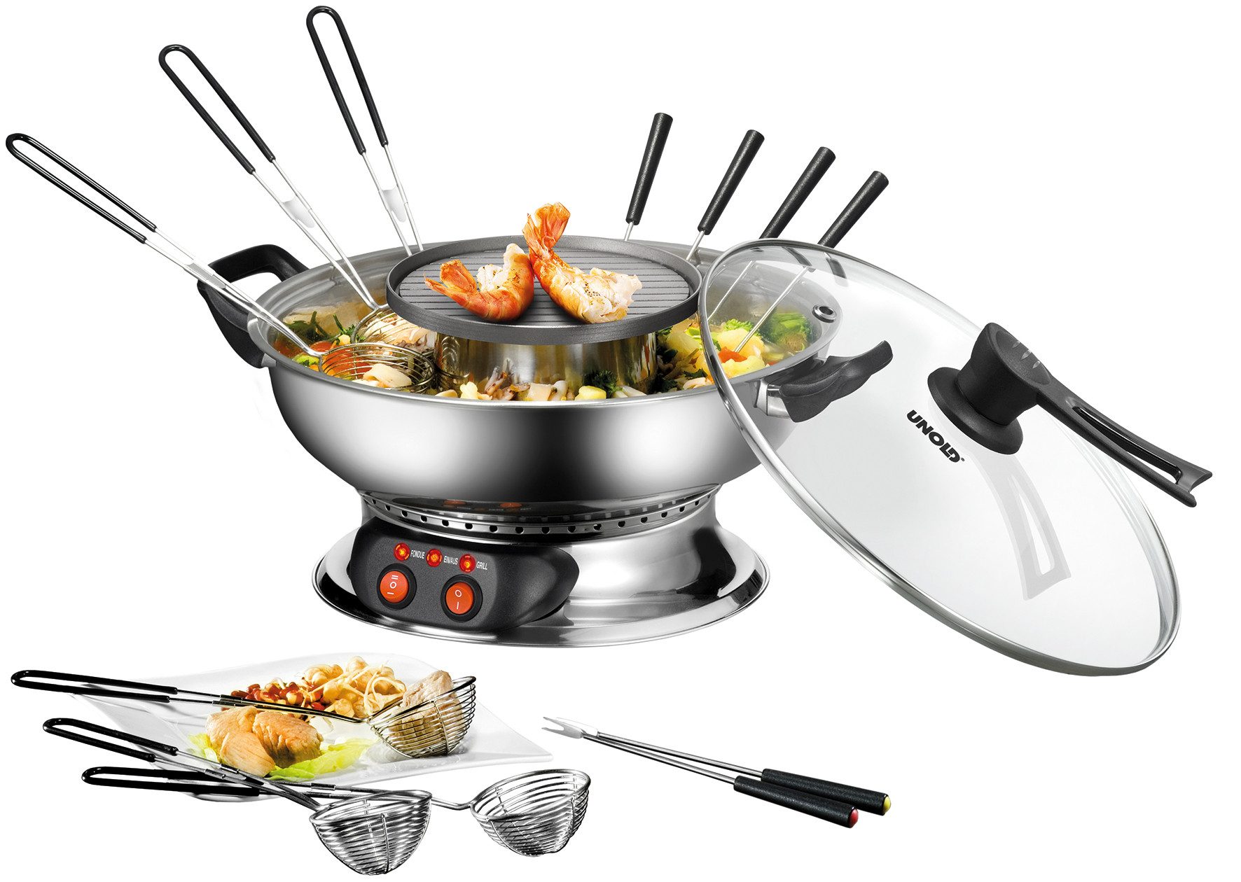 Unold Elektro-Fondue Unold 48746 Asia Fondue, 6 Fonduegabeln, 2,00 l, Mit Grillplatte und Körbchen