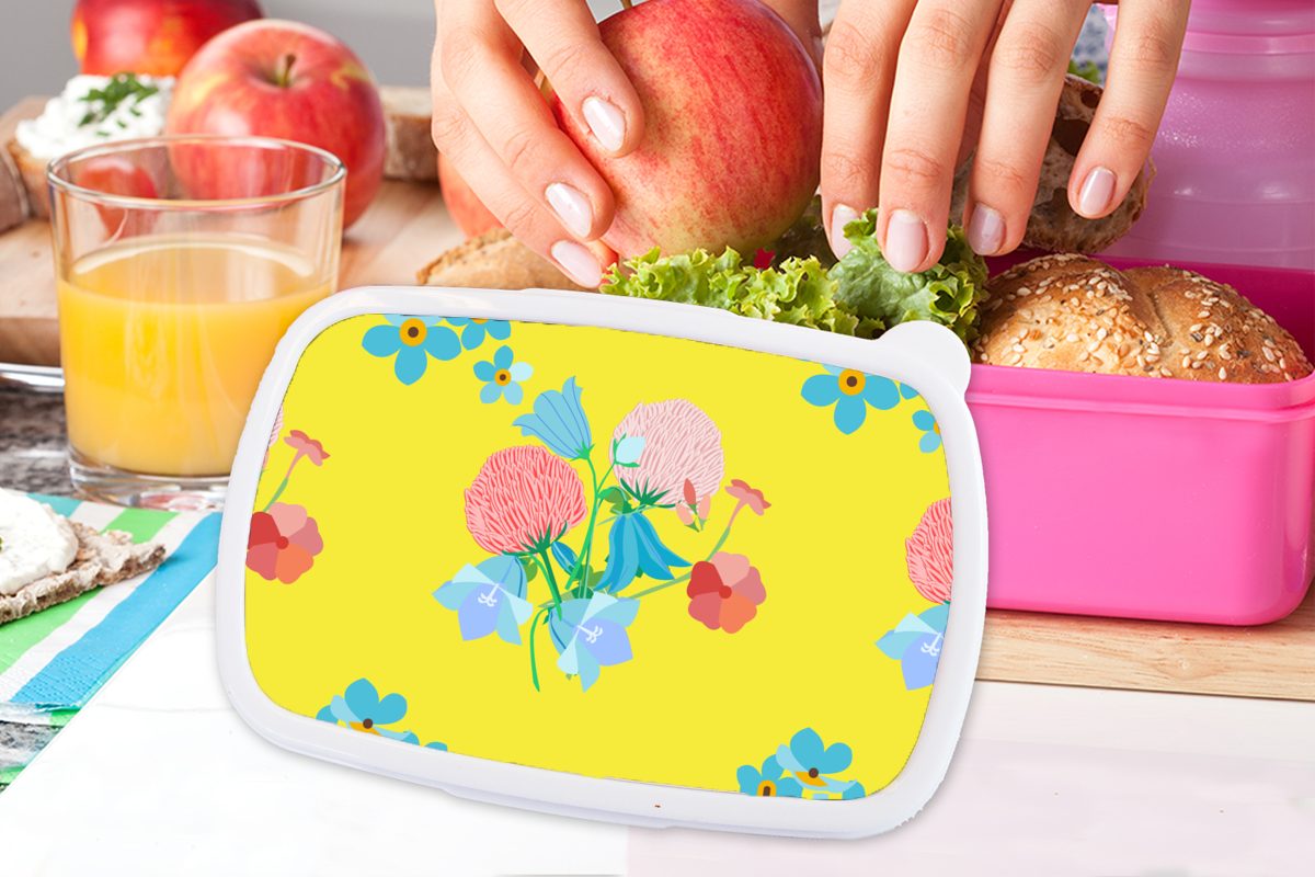 Blumenstrauß Muster, - für Frühling rosa Lunchbox Kunststoff Kunststoff, Mädchen, Snackbox, Erwachsene, (2-tlg), Brotbox - - MuchoWow Brotdose Kinder, Blumen