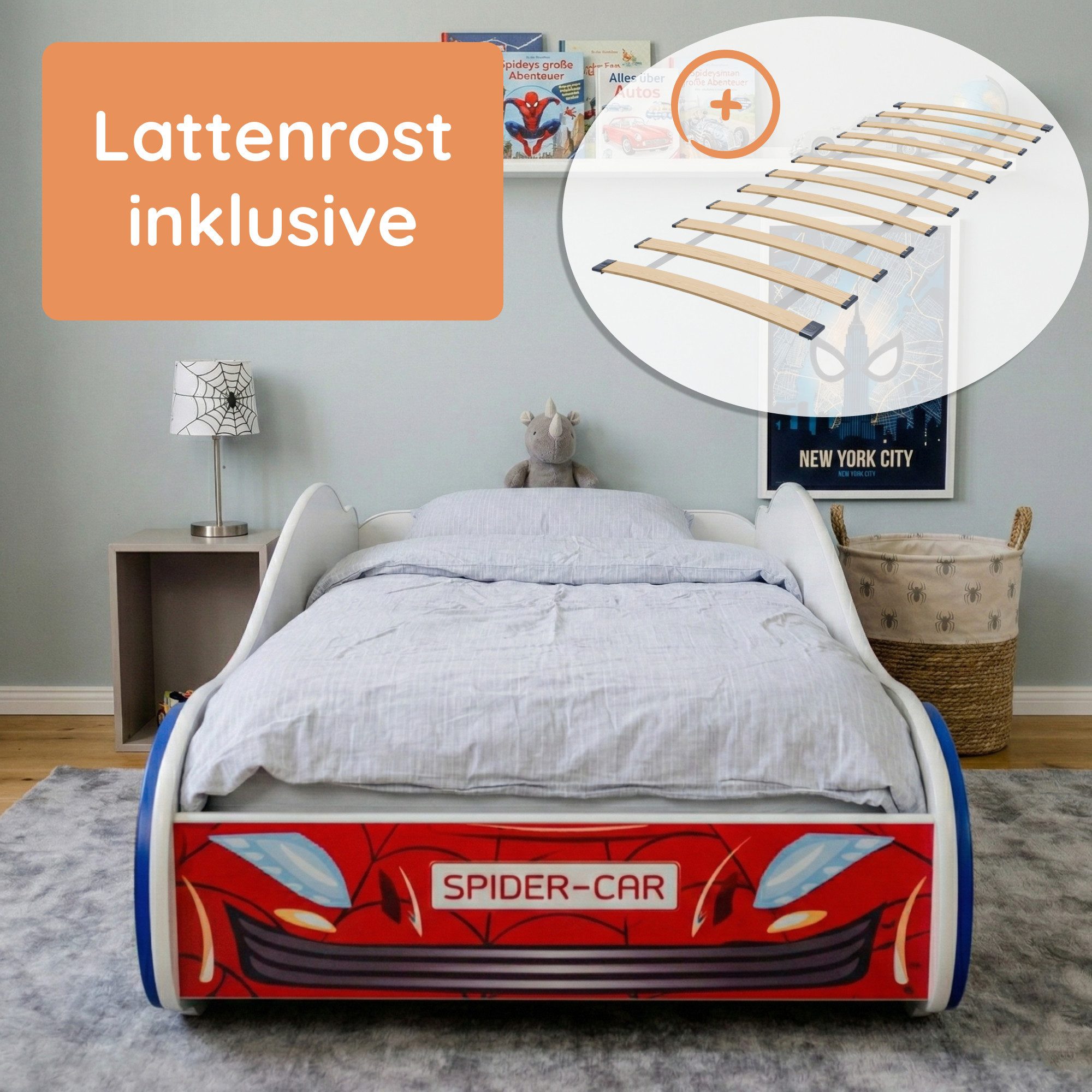 Kids Collective Kinderbett Kinderbett Jugendbett Spider 70x140, 80x160 cm mit Rausfallschutz, Autobett mit Lattenrost und Fallschutz 70x140 cm