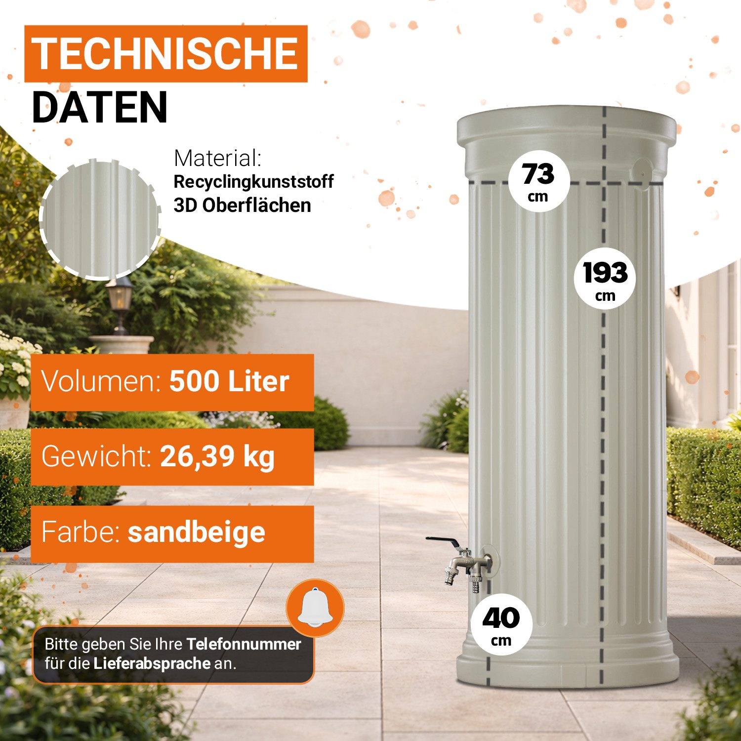 GARANTIA Regentonne Säulentank Komplett-Set 500 L, sandbeige, 500 l
