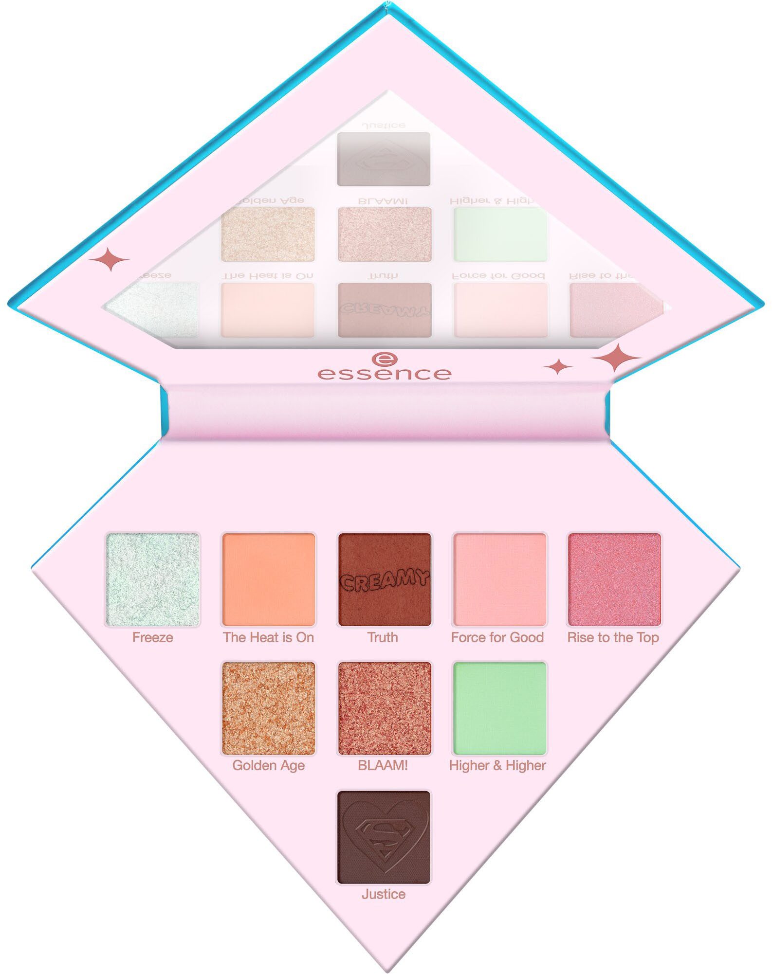 Essence Lidschatten-Palette Superman eyeshadow palette, Hochpigmentiert mit matten, schimmernden und metallischen Texturen.