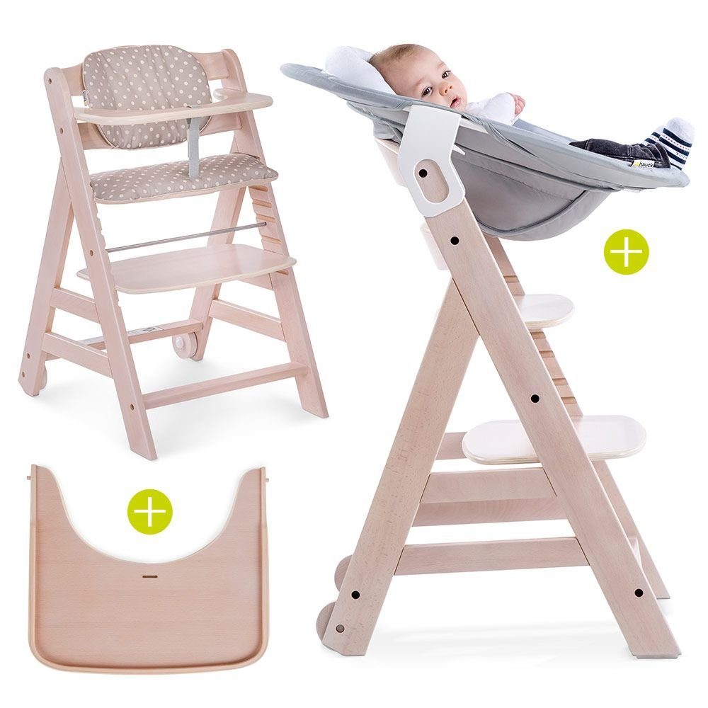 Hauck Hochstuhl Beta Plus Whitewashed - Newborn Set (Set, 5 St), Holz Babystuhl ab Geburt, Aufsatz für Neugeborene, Sitzauflage, Tisch