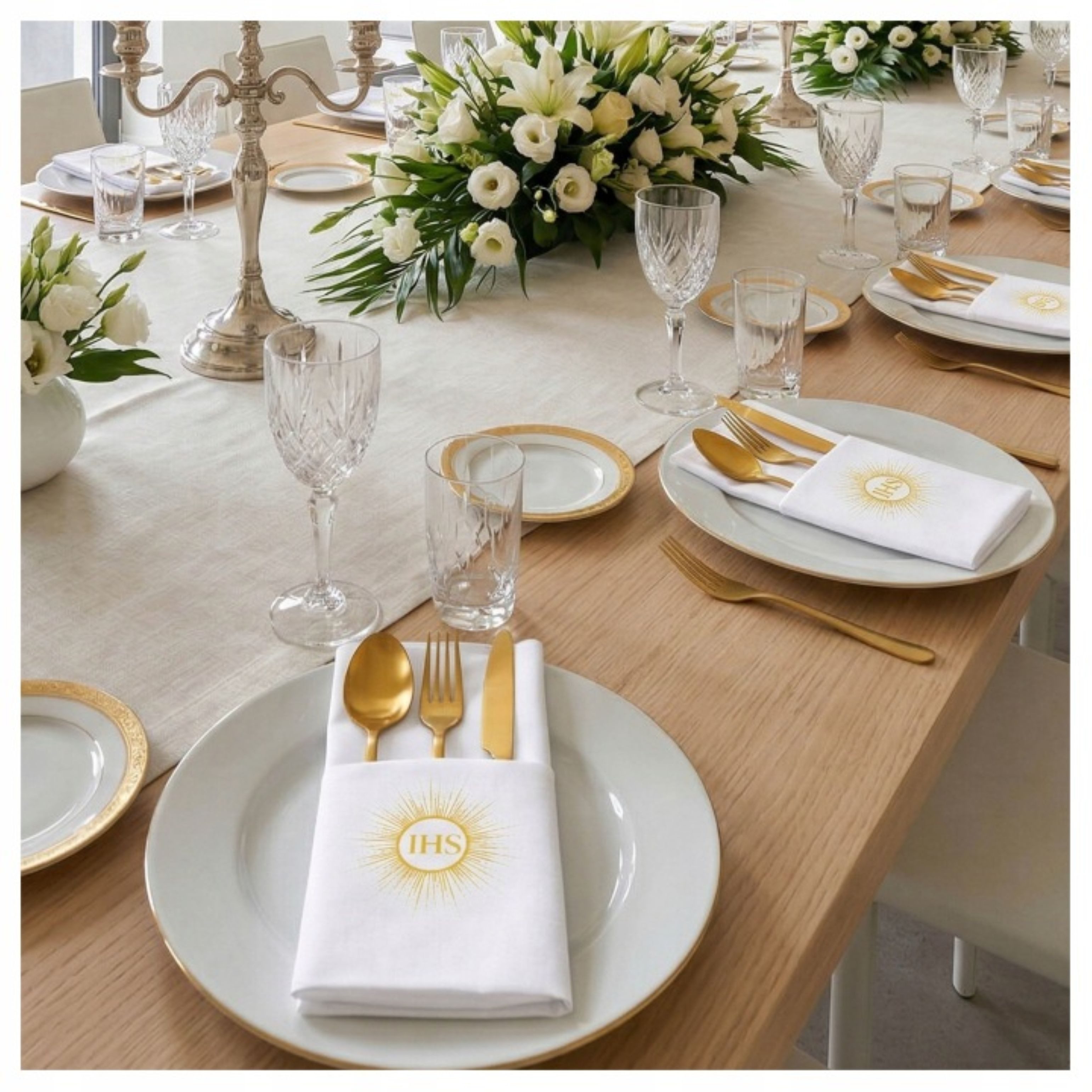Festivalartikel Kommunionskarte Bestecktaschen Kommunion IHS Weiß Gold 20 Stk Tischdeko