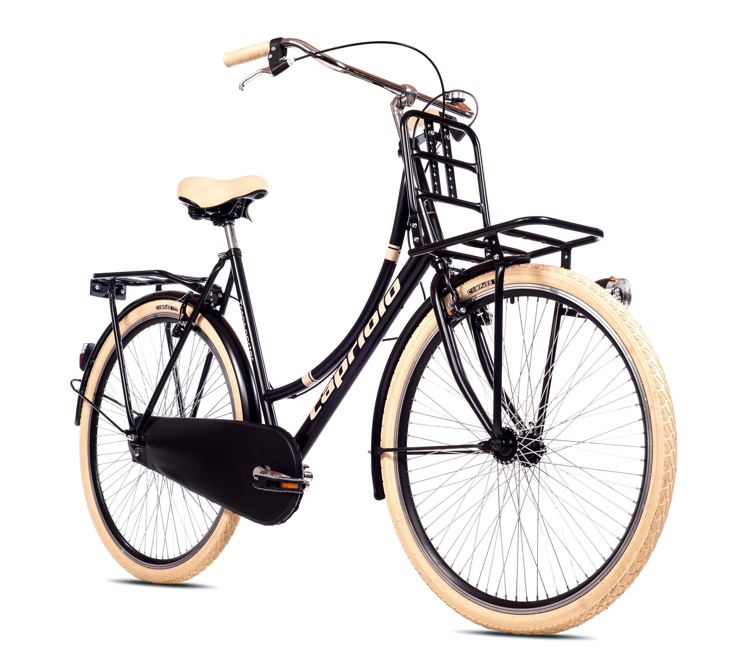 breluxx® 28 Zoll Damenfahrrad Hollandrad Transporter mit Nabenschaltung schwarz beige Licht Gepäckträger