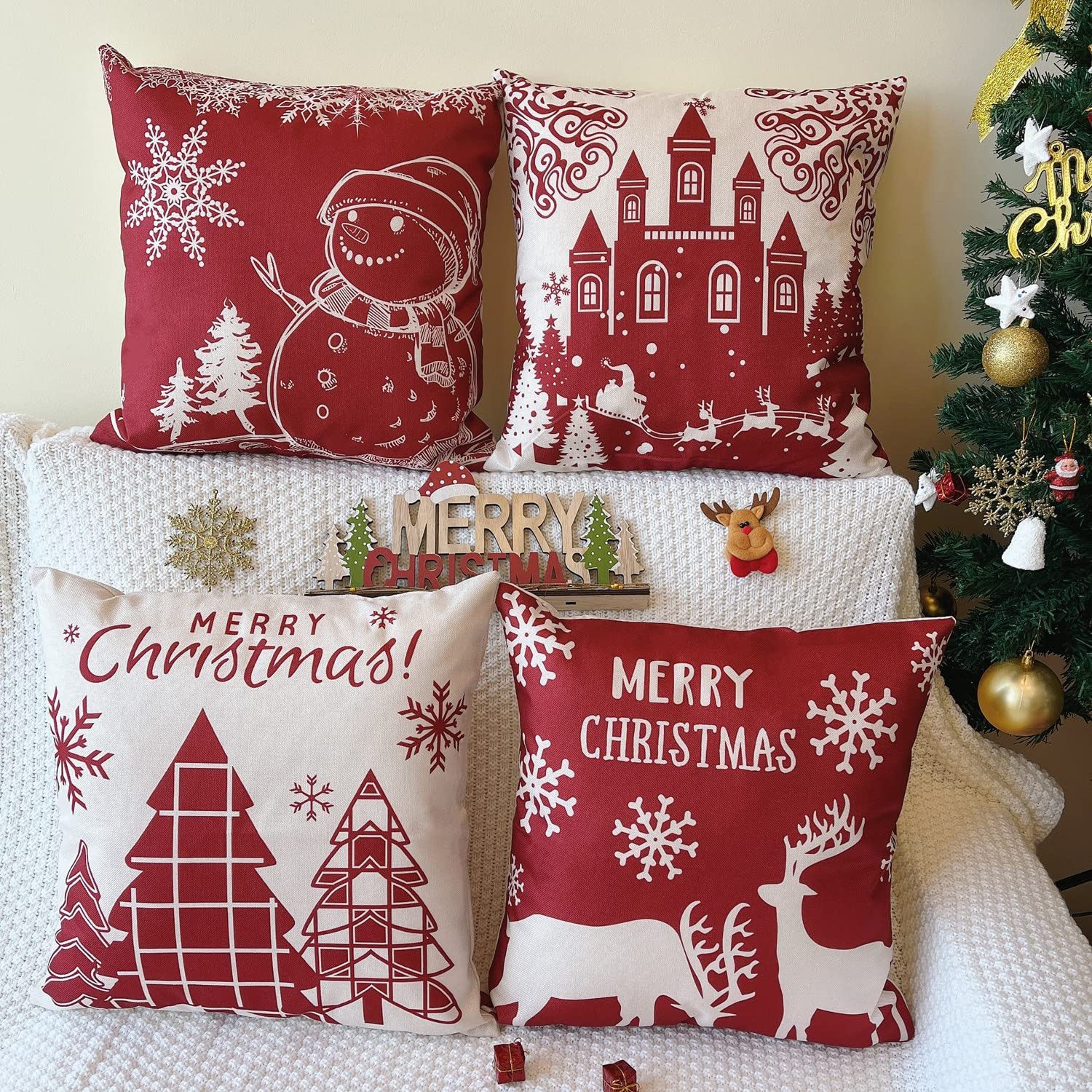 FOUORTUNATE-BEE Kissenbezug Weihnachtskissenbezüge 4er Set Rote Schneeflock günstig online kaufen