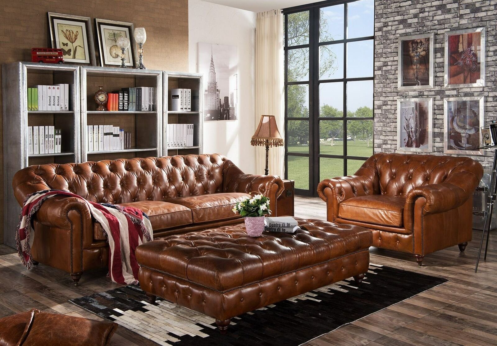 Couch JVmoebel Sofa, 3+1 Chesterfield Sofagarnitur Vintage Polster Sofa Leder