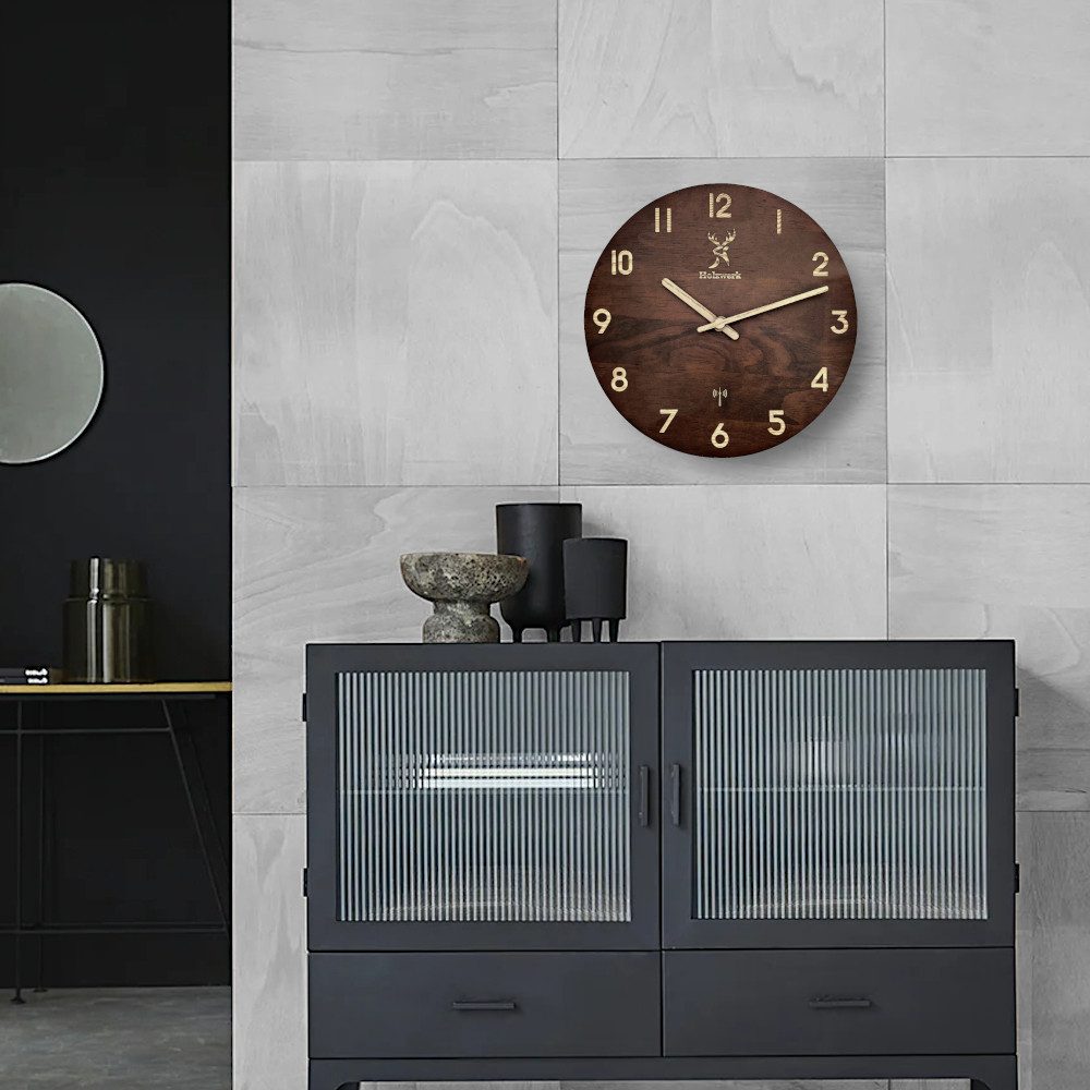 Holzwerk Funkwanduhr moderne Designer Loft Funk Holz Wand Uhr (Nahezu lautl günstig online kaufen