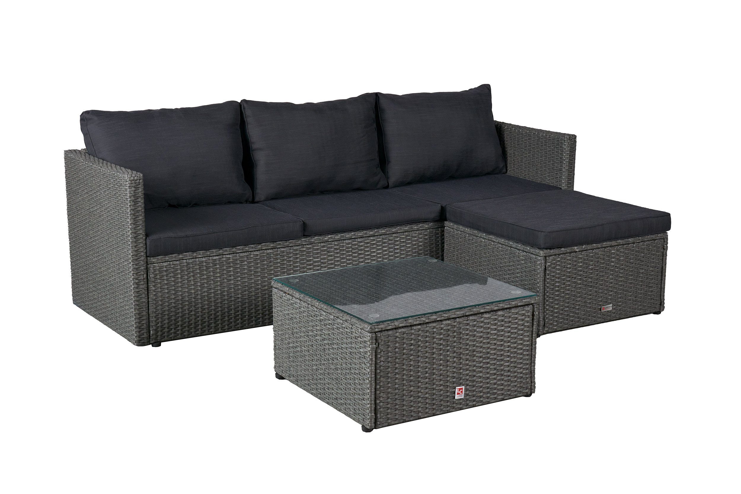 dasmöbelwerk Gartenlounge-Set Loungeset Manila Gartenlounge Ecksofa mit Tisch Hocker Polyrattan Grau, individuell stellbar