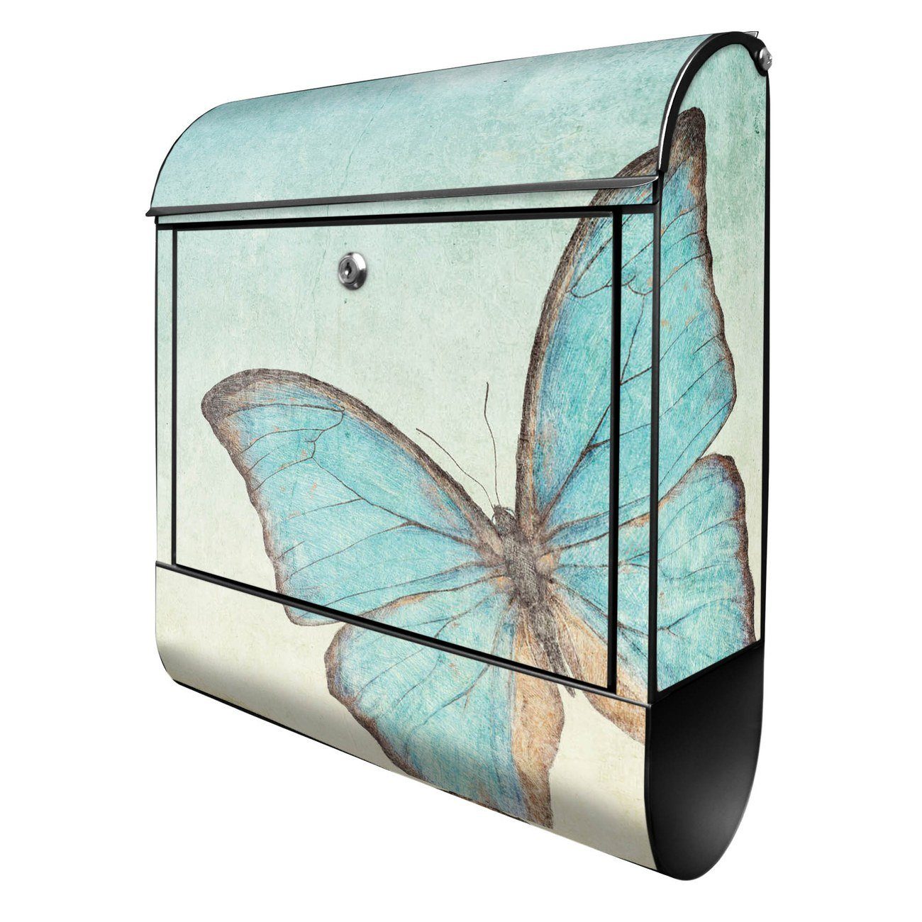 banjado Wandbriefkasten Stahl Blaue Schmetterlinge (Wandbriefkasten witterungsbeständig, pulverbeschichtet, mit Zeitungsfach), 39 x 47 x 14cm schwarz