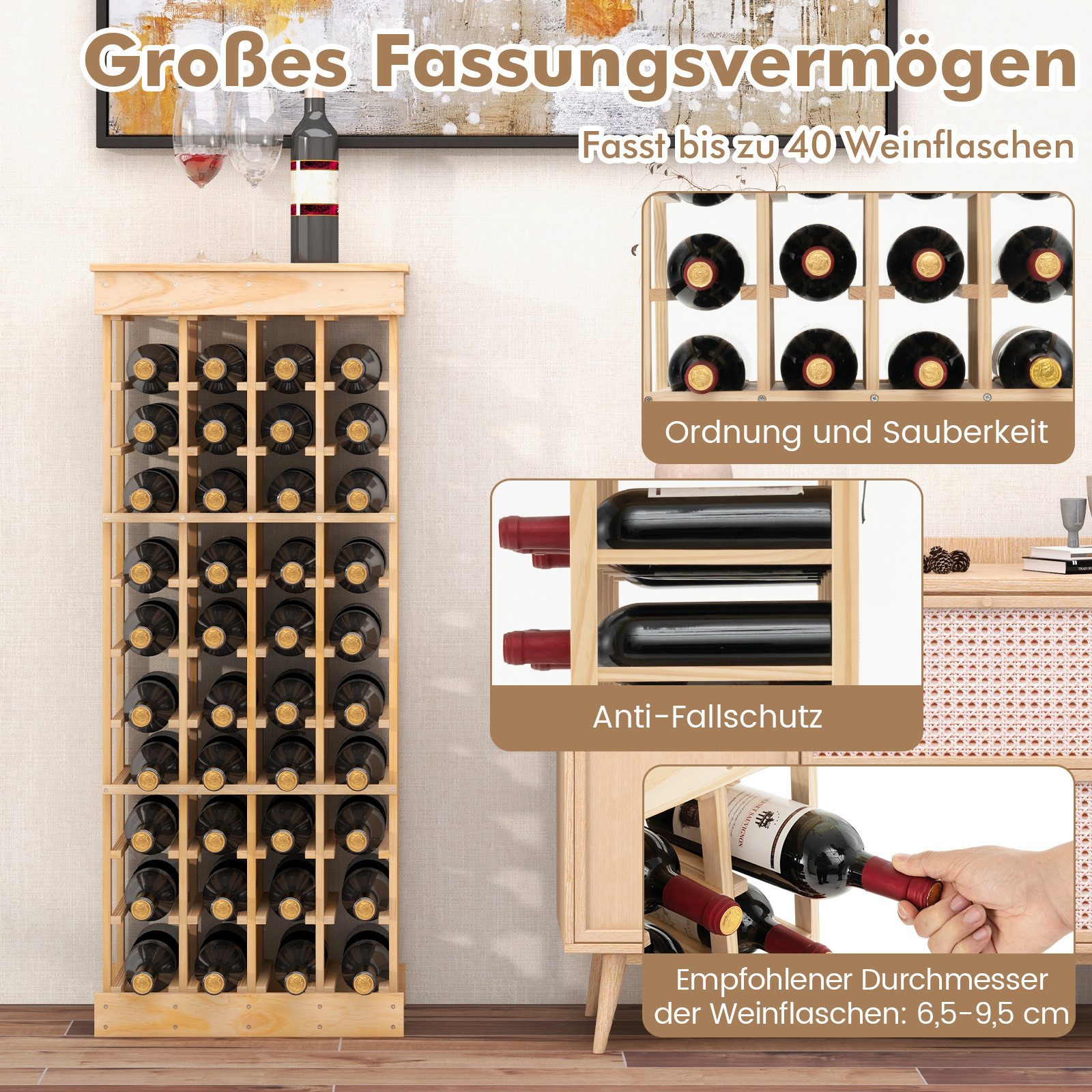 COSTWAY Weinregal, stehend, Massivholz, für 40 Flaschen, 46,5x27,5x113cm
