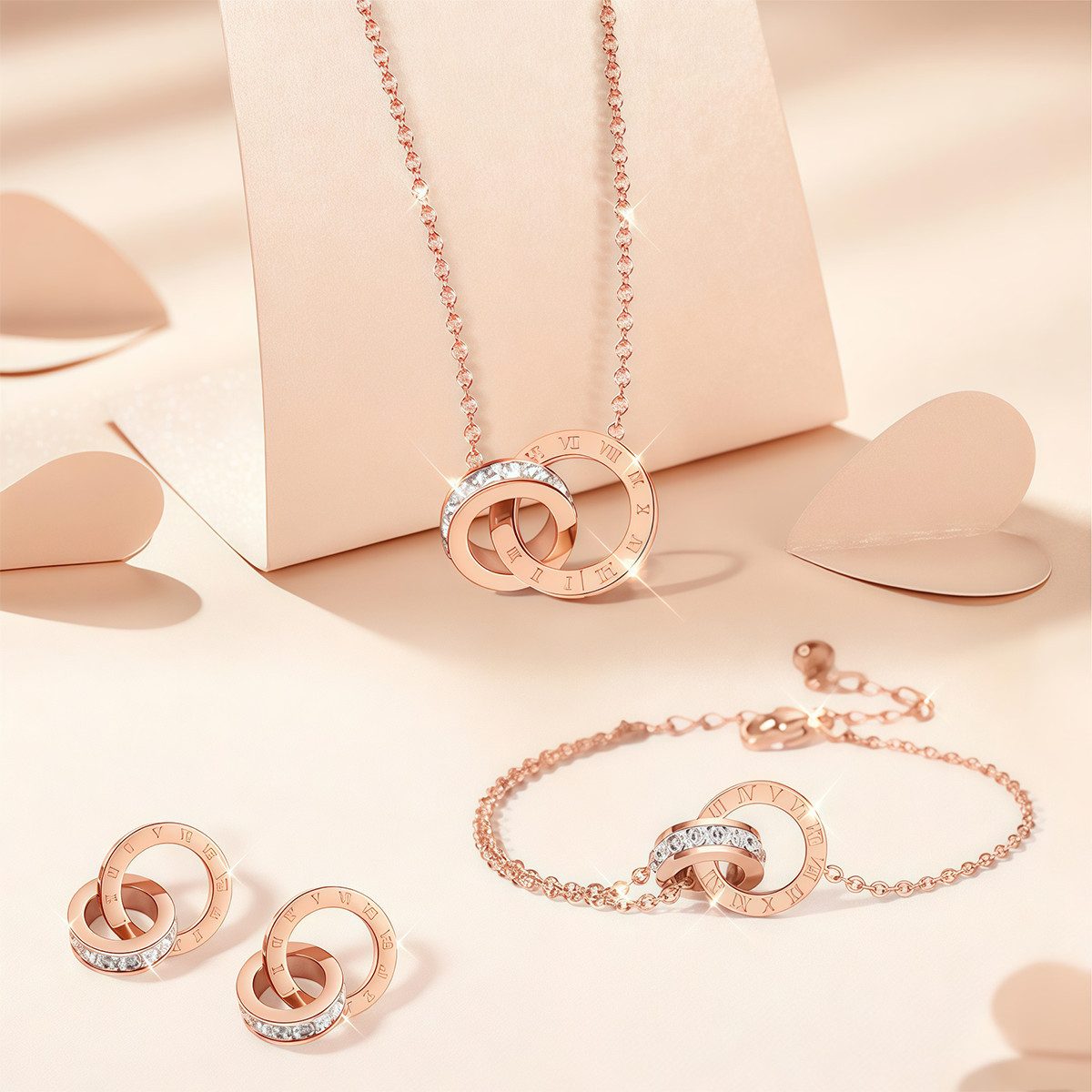MOPUEA Schmuckset Rosegold Halskette Armband Ohrstecker 3-tlg für Damen und Mädchen (Set, 3-tlg., Perfektes Geschenk für besondere Anlässe), Doppelkreis-Schmuckset mit römischen Ziffern