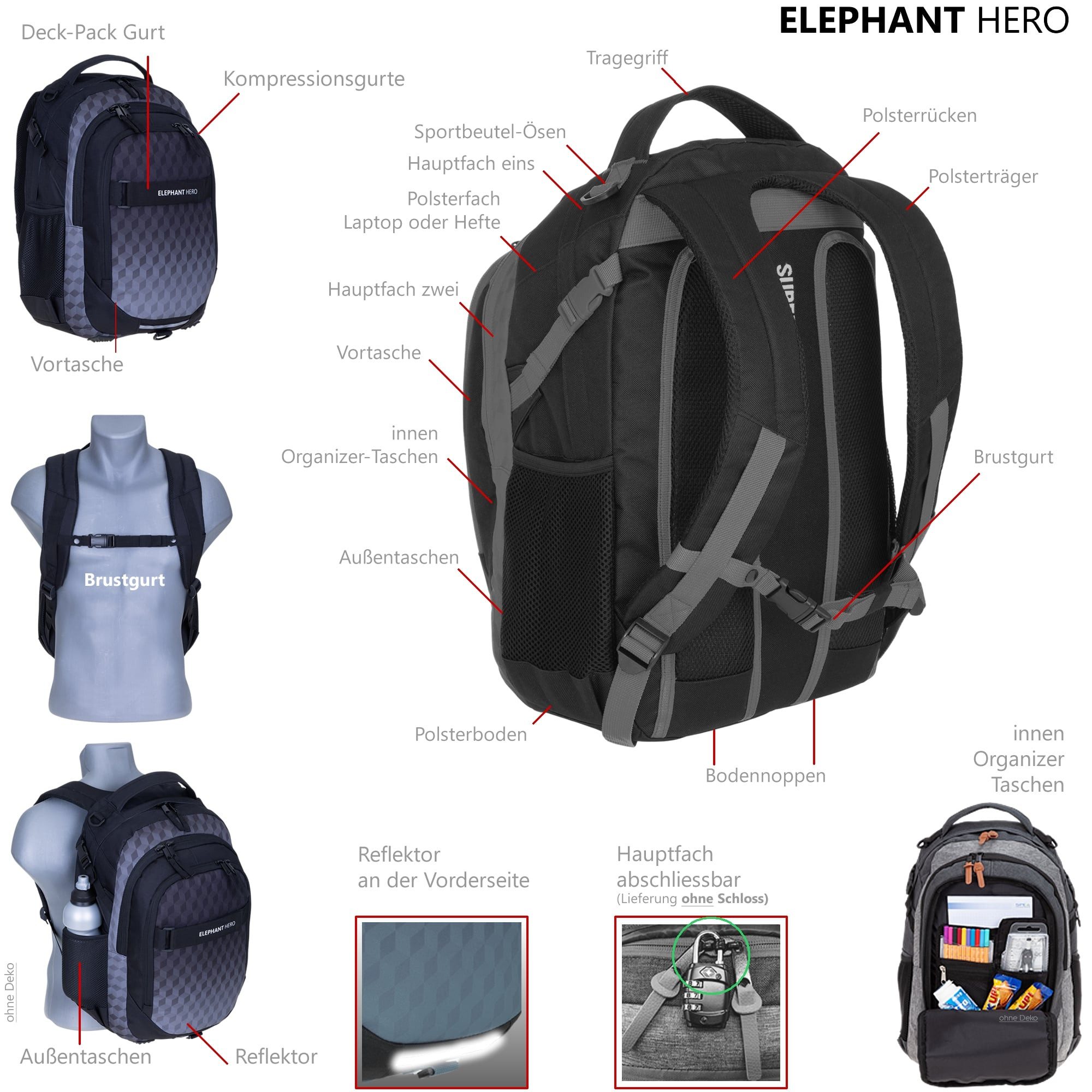 ELEPHANT Schulrucksack Hero Signature Schultasche (2 Teile Set), Rucksack + Mäppchen Box