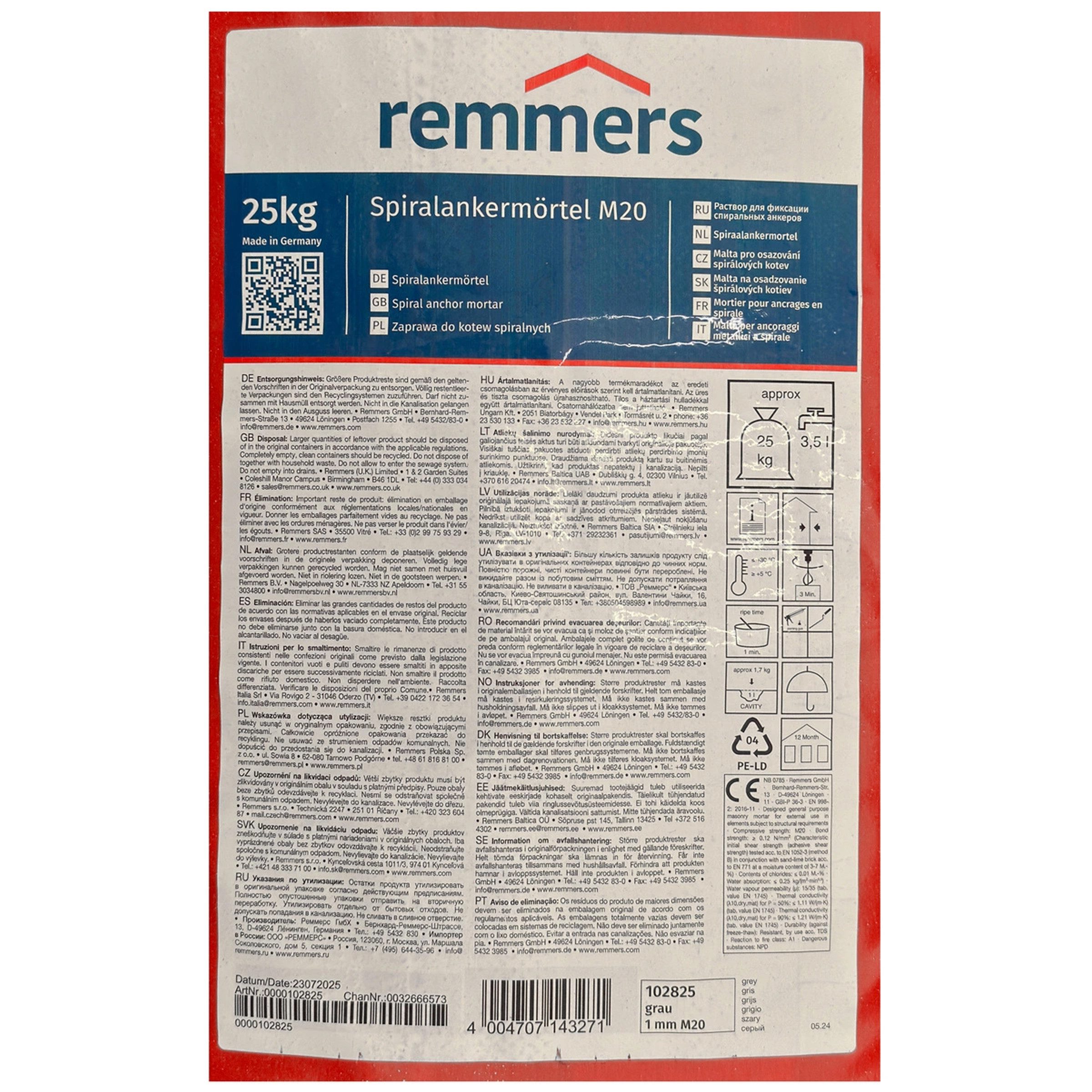 Remmers Fugenmörtel Remmers Spiralankermörtel M20 25 kg grau Fugenmörtel