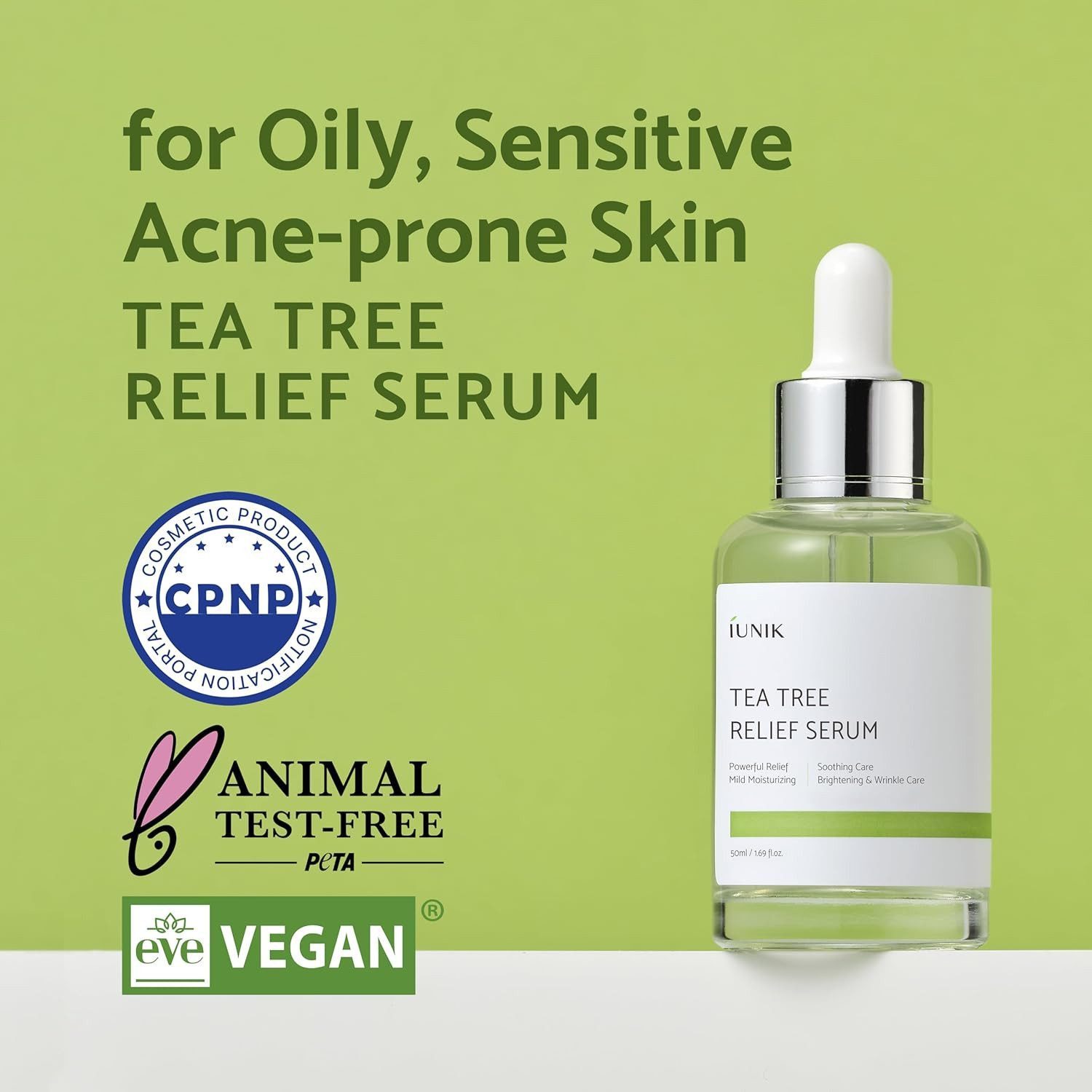 iUnik Gesichtsserum Tea Tree Relief Serum 50 ml – Für klare, ausgeglichene Haut Adenosin, 6 Pflanzenkeimlinge, vegan, alkoholfrei, parfümfrei, 67% Teebaumblattwasser, 19,5% Centella Asiatica, Niacinamid