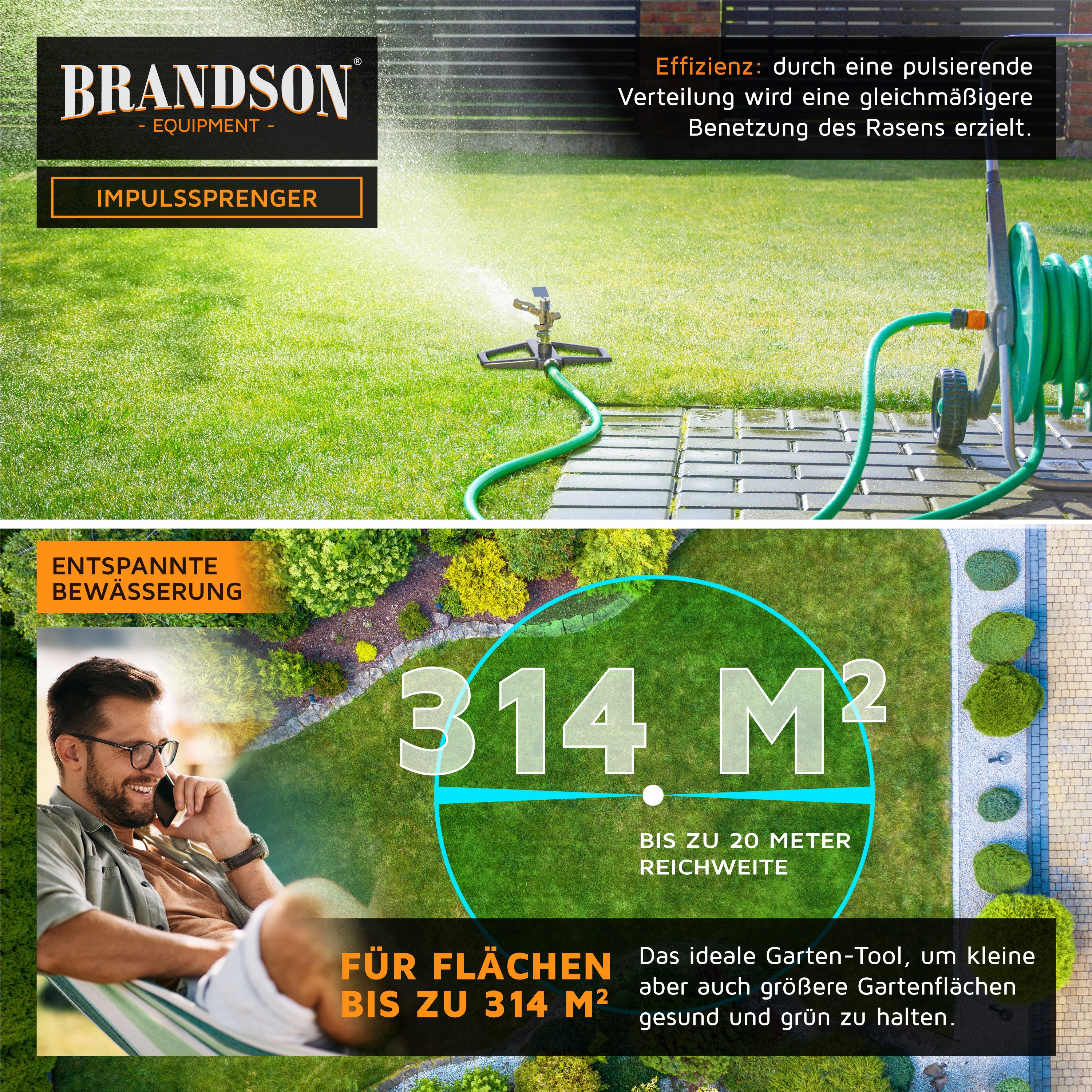 Brandson Kreisregner Vollmetall-Rasensprinkler 360°, Impulskreisregner, für Flächen bis 314 m², (2-St), einstellbar & robust (bis 20 m), Metall, Zink, Gardena-k – Bild 5 von 5