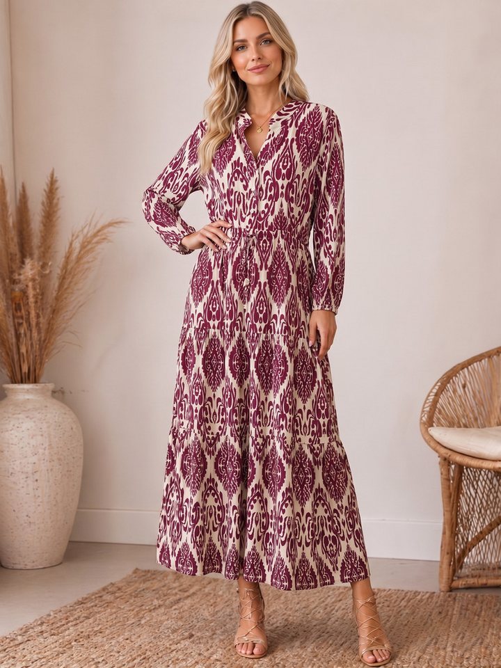 Kendindza Collection Maxikleid Sommerkleid Damen Lang Viskose Elegantes Sommer Kleid lang Maxi Kleid Ikat-Print Knopfleiste & Schnurbund, Luftig Leicht