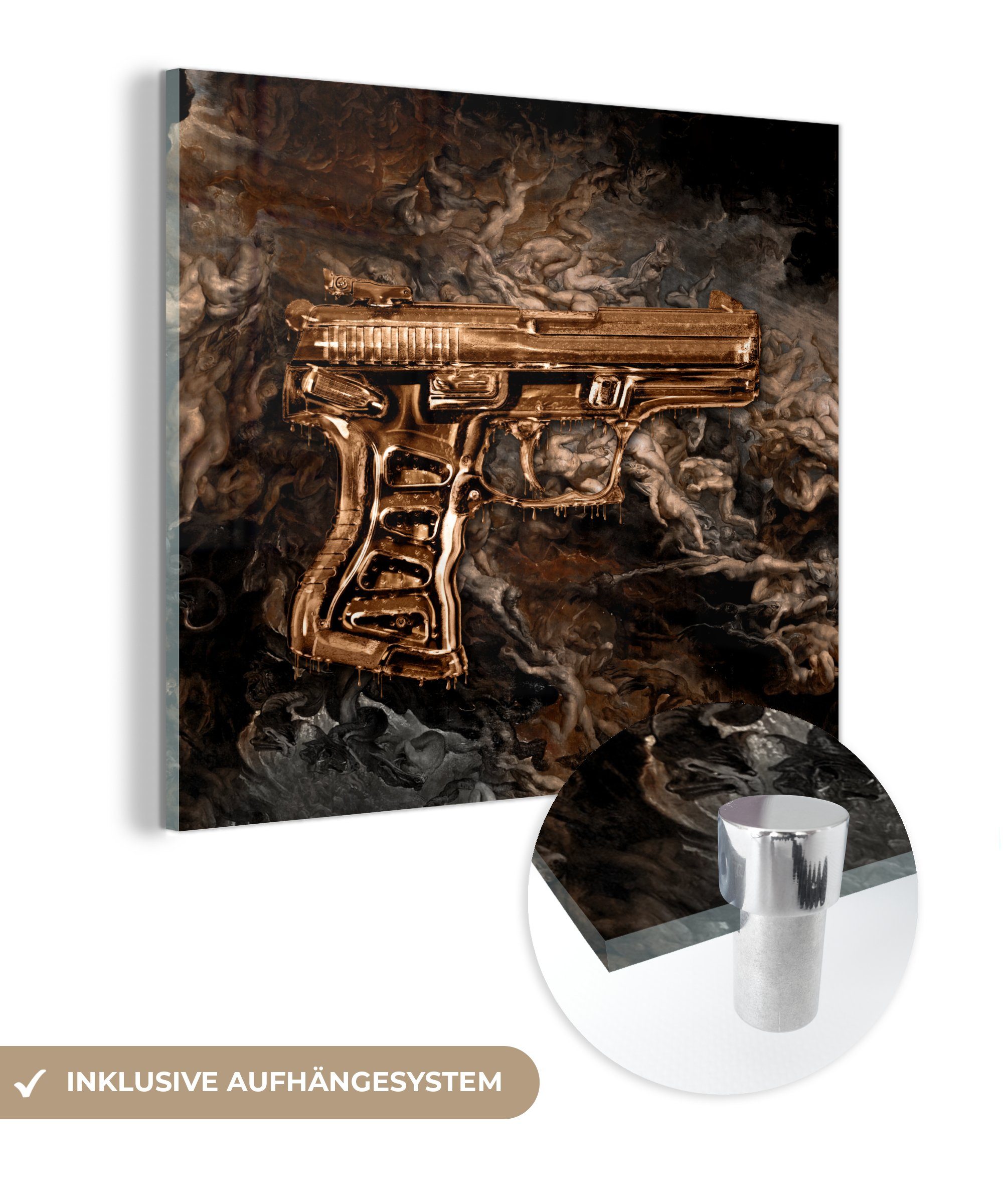 MuchoWow Acrylglasbild Pistole - Gold - Rauch, (1 St), Glasbilder - Bilder auf Glas Wandbild - Foto auf Glas - Wanddekoration