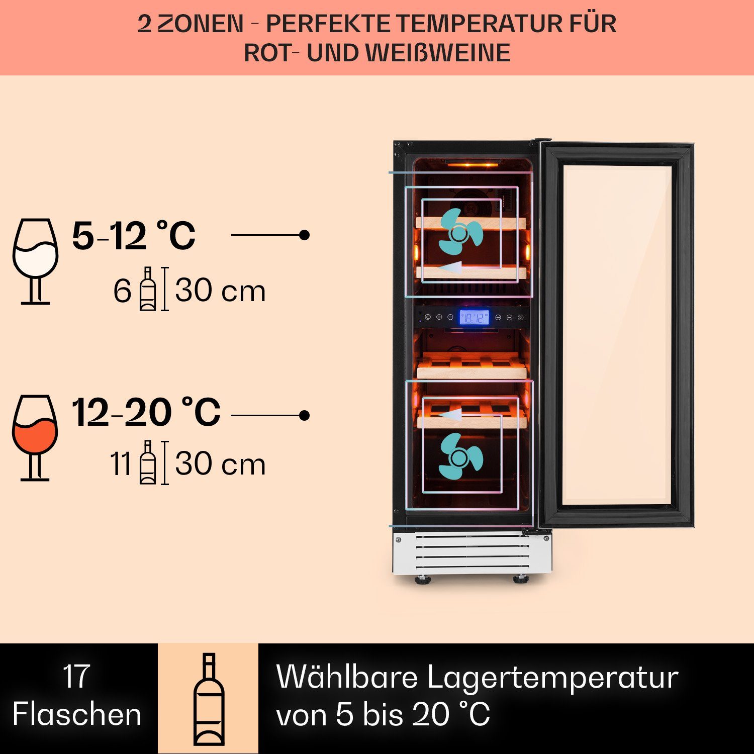 Klarstein Weinkühlschrank Vinovilla 17 Built-in Duo Weinkühlschrank 53 L 17 Fl. 2 Zonen, für 17 Standardflaschen á 0,75l,2 Zonen Wein Flaschenkühlschrank Weinte – Bild 4 von 5