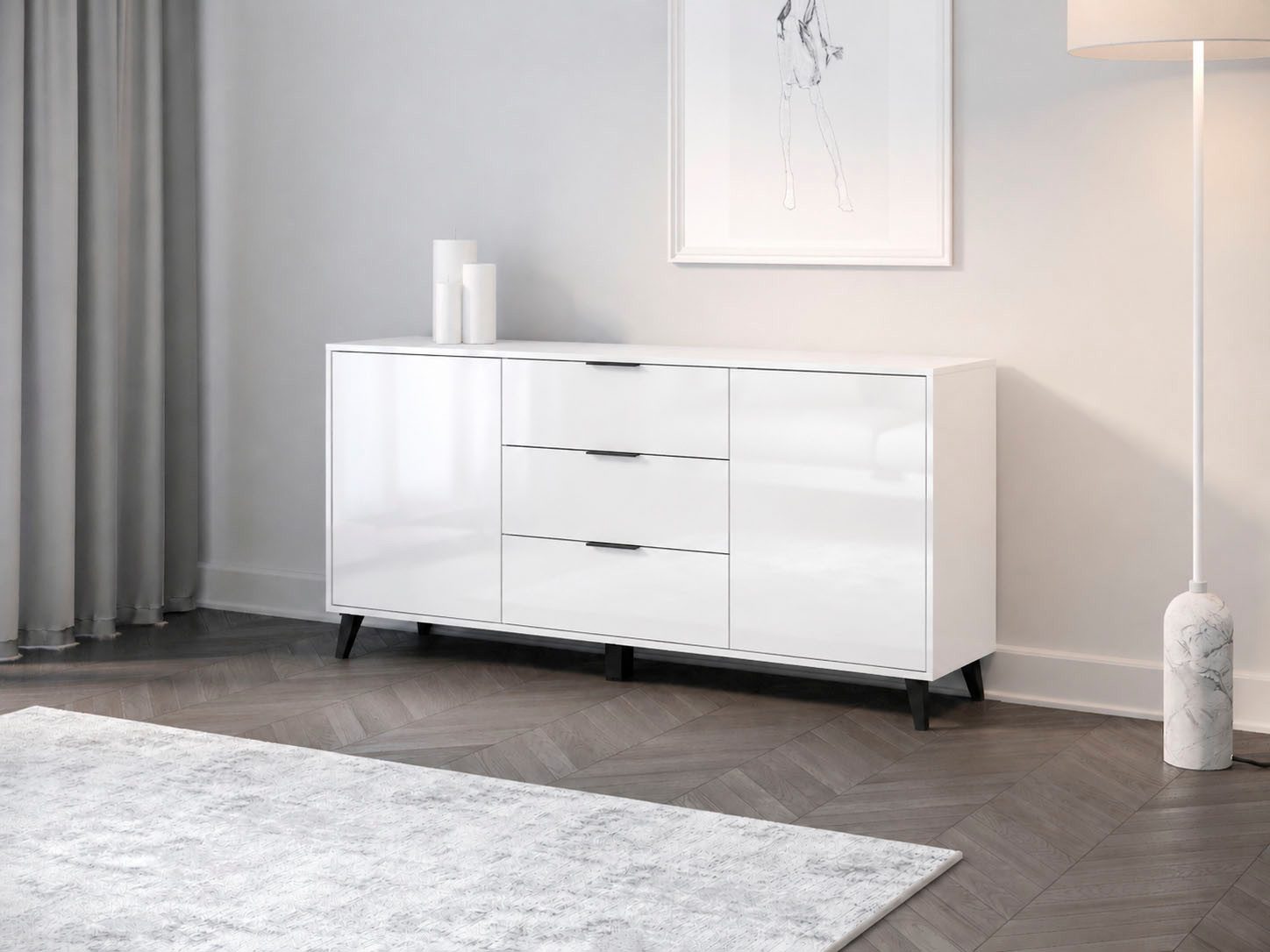 OTTO home Sideboard Oslo, B/H/T: 150/76/39,5 cm, 3 Schubladen, 2 Türen mit Push-to-open, schwarze Metallgriffe