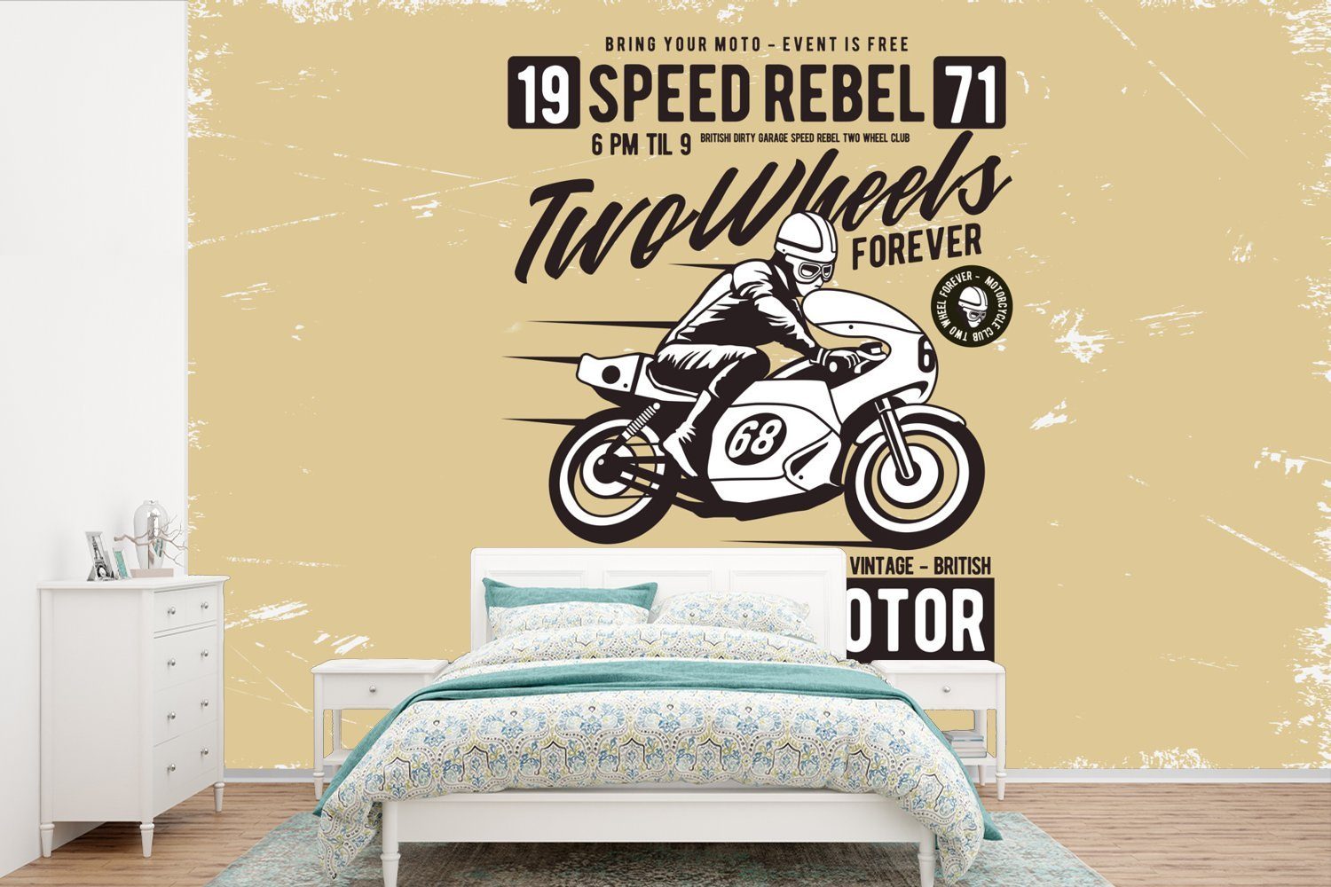 MuchoWow Fototapete Motorrad - Vintage - Zeichnung - Zitat, Matt, bedruckt, (6 St), Wallpaper für Wohnzimmer, Schlafzimmer, Kinderzimmer, Vinyl Tapete