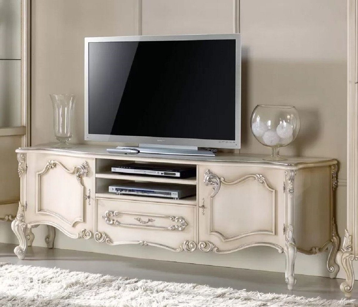 Casa Padrino mit Massivholz / - Wohnzimmer TV Silber Made Luxus Handgefertigtes Luxus Schublade in Möbel Barock 2 Sideboard - Türen Italy und Barock Schrank - - Qualität Cremefarben TV-Schrank