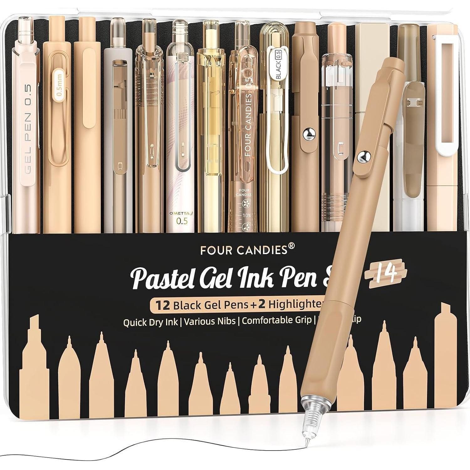 Four Candies Gelschreiber Gel-Tintenstift-Set 14-teilig mit Etui, feine Spitze, einziehbar, 12