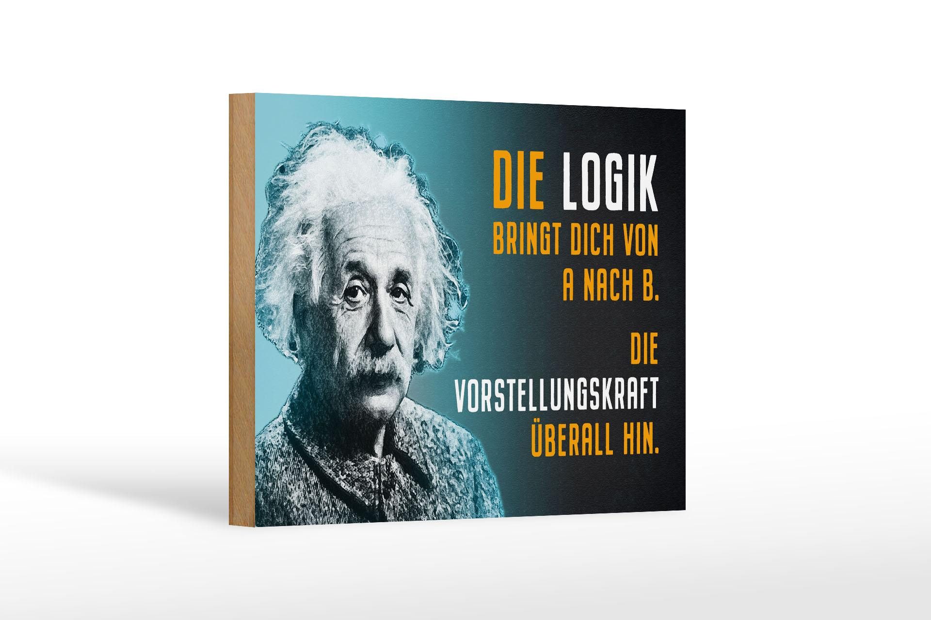 Femer GmbH Holzbild Zitat 12x18 cm Einstein blau Logik Vorstellungskraft, (1 St), Glatte Holzfaserplatte (MDF), vorn beschichtet