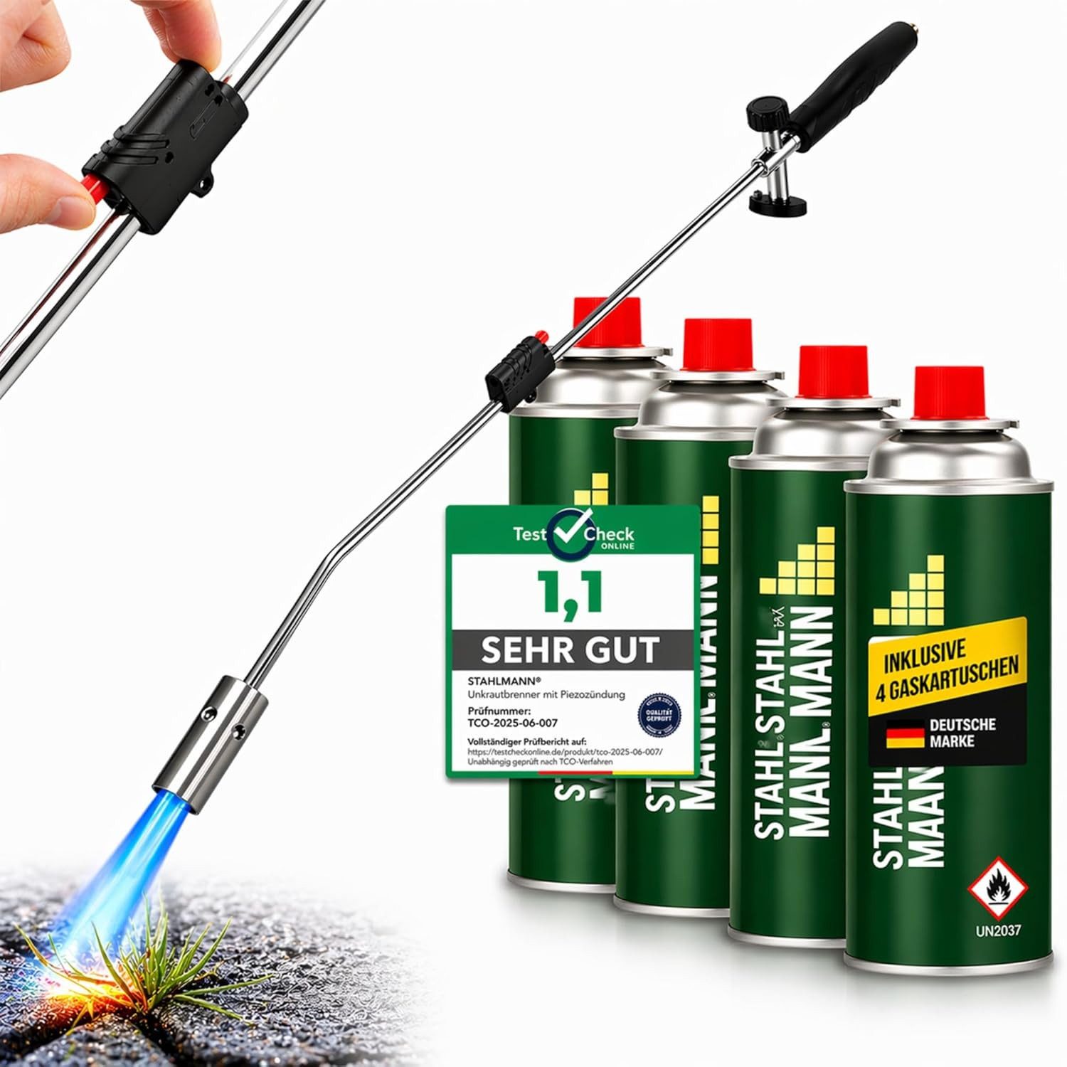 STAHLMANN COMMERCE GmbH Unkrautbrenner Unkrautbrenner [1300 °C] Abflammgerät inkl. 4 Butan-Kartuschen, 1300 °C maximal, (Spar-Set), 1.300 °C · Piezozündung · Edelstahl · 4 Kartuschen · chemiefrei