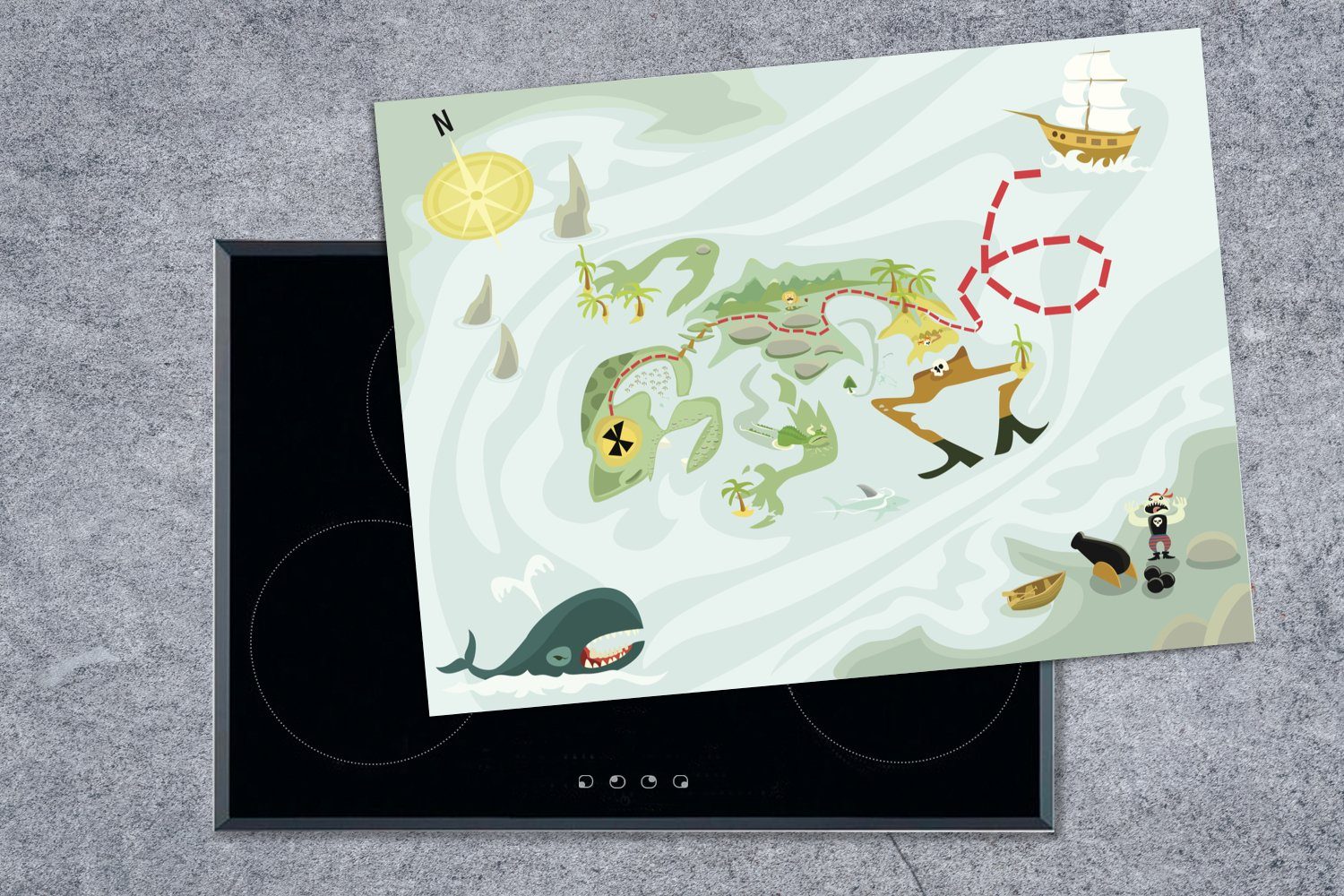 Pirateninsel Schatzkarte Arbeitsfläche mit Herdblende-/Abdeckplatte tlg), für Mobile MuchoWow Illustration Ceranfeldabdeckung einer nutzbar, Kinder, (1 70x52 cm, Vinyl,