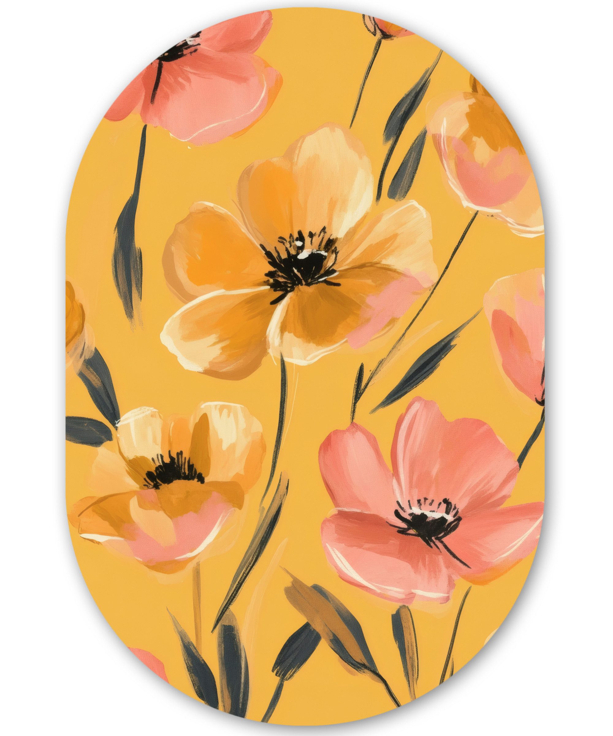 MuchoWow Gemälde Blumen - Gemalt - Gelb, Fotodruck (1 St), Wandbild Oval, Wohnzimmer oder Schlafzimmer Wanddekoration, 40x60 cm