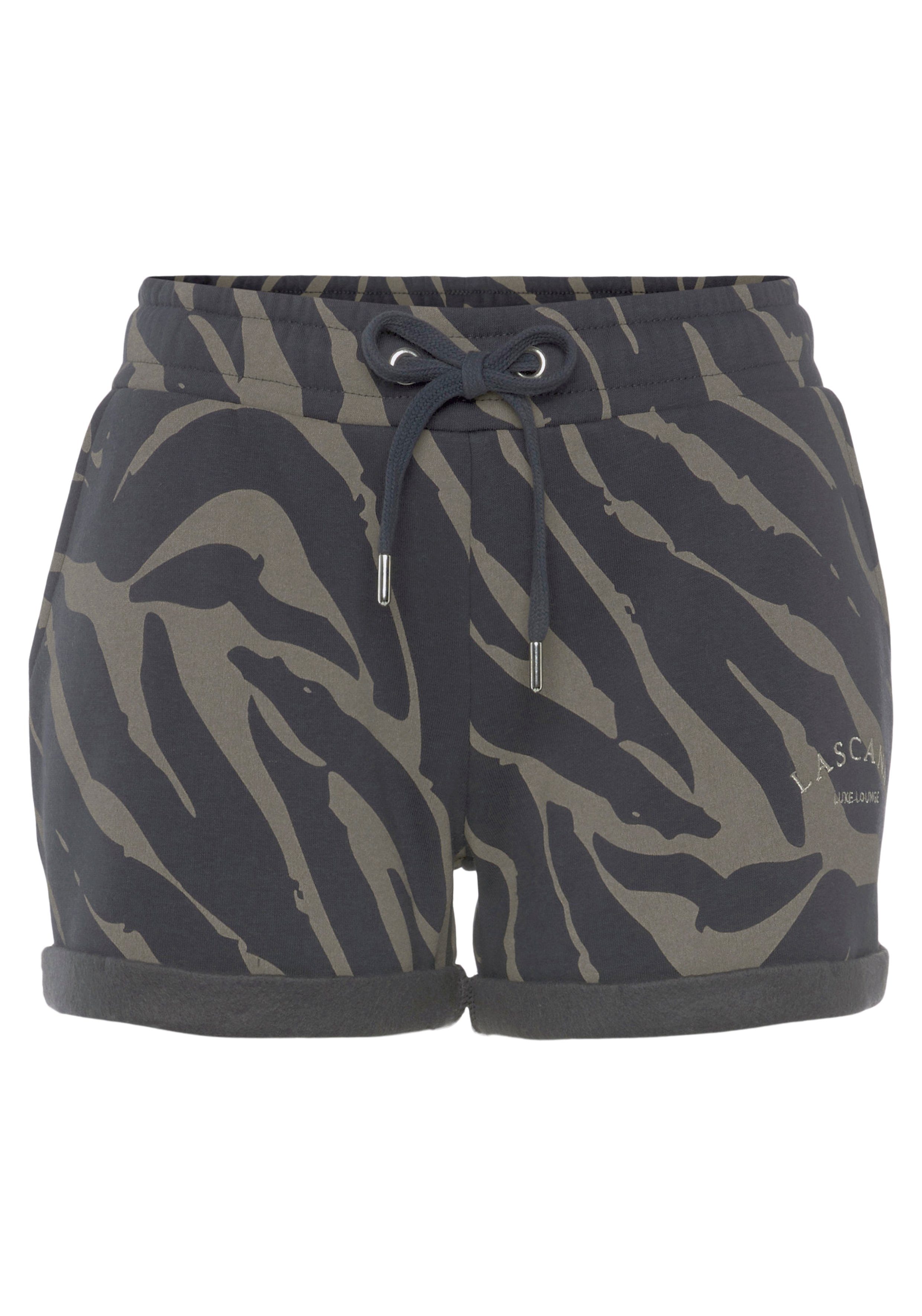 dunkelgrau-taupe Taschen Zebradruck, und seitlichen Relaxshorts mit -Kurze Hose Loungeanzug Logostickerei, Loungewear, LASCANA