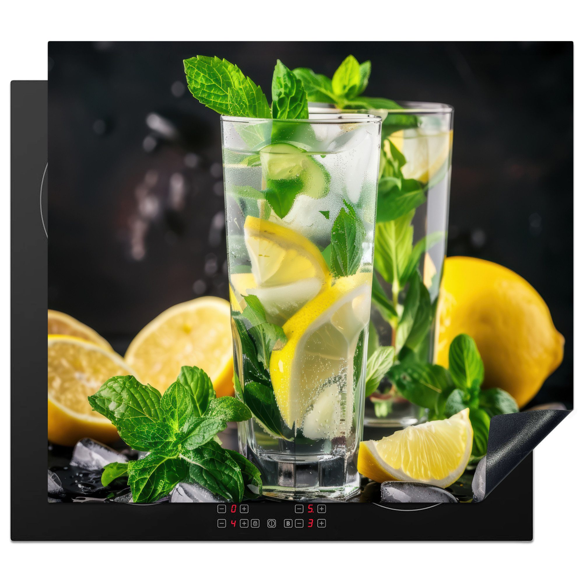 MuchoWow Herd-Abdeckplatte Wasser - Glas - Zitrone - Minze, Vinyl, (1 tlg), Ceranfeldabdeckung Küche, Herdabdeckplatte Einteilig, 59x51 cm