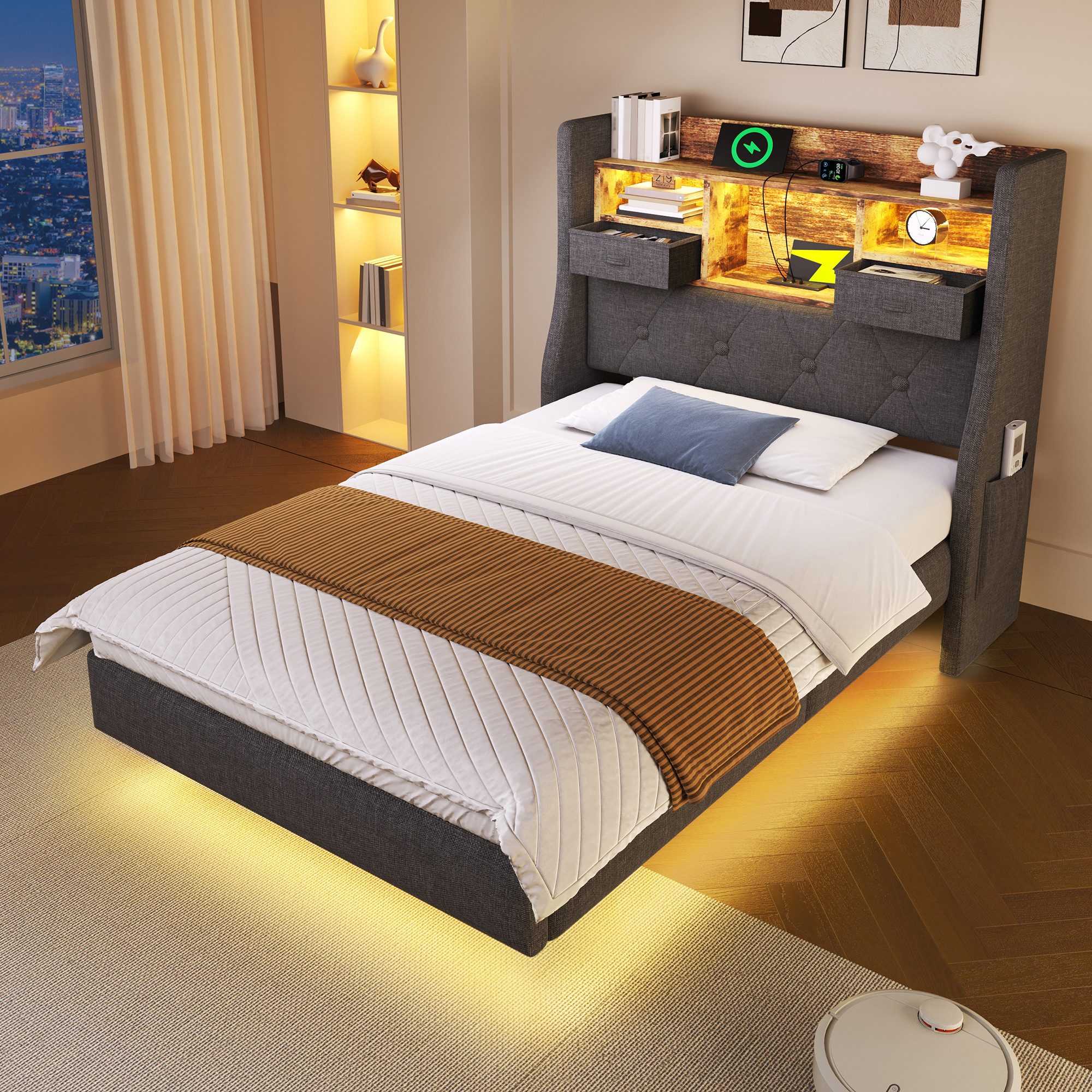 REDOM Polsterbett mit USB Typ-C Schnellladung, Retro Design (Funktionsbett, Struraumbett, 1-tlg., 90x200 cm, ohne Matratze), Schwebebett mit 1 Type-C, 3 USB-Anschlüsse