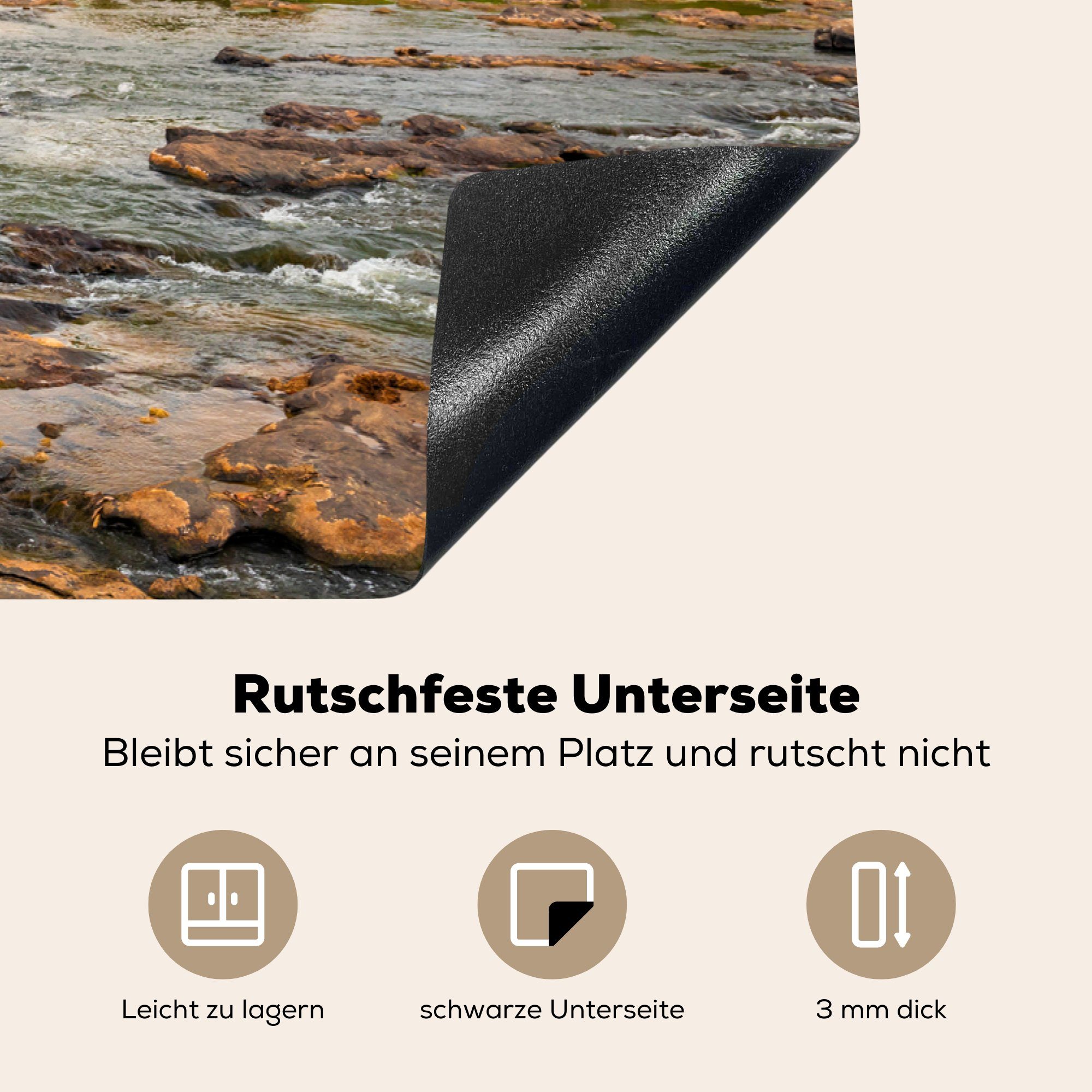 81x52 Schutz cm, Induktionskochfeld Elefant Vinyl, Wilder tlg), in einem Sri, felsigen Fluss Herdblende-/Abdeckplatte Sonnenuntergang MuchoWow (1 Ceranfeldabdeckung bei für die in küche,